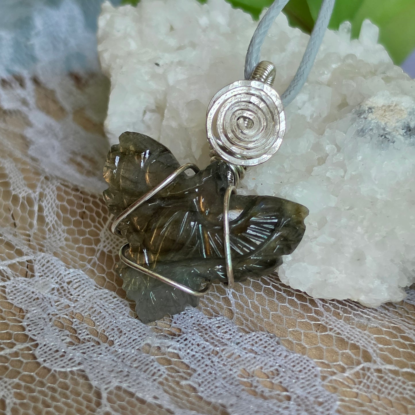 Silver Wire-Wrapped Labradorite Carved Eagle Pendant