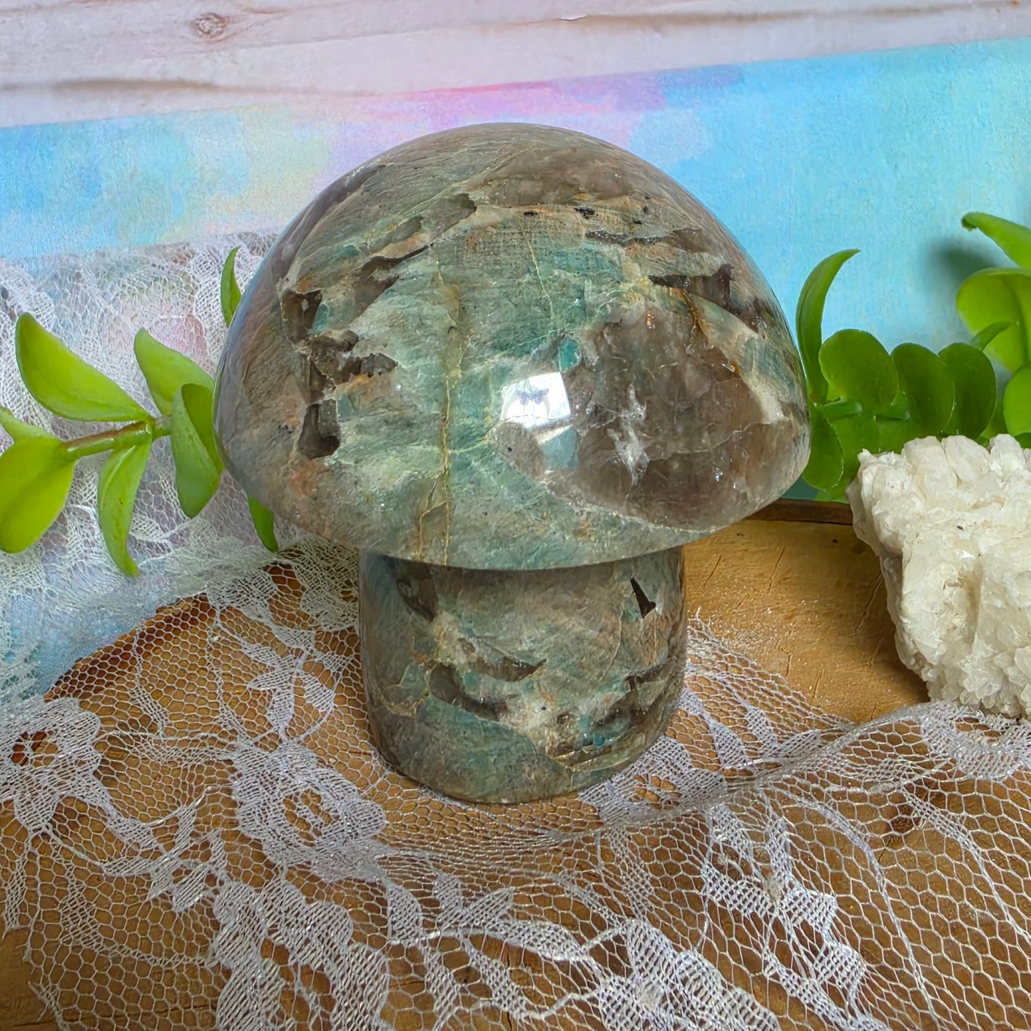 Green Moonstone Mushroom Carving
