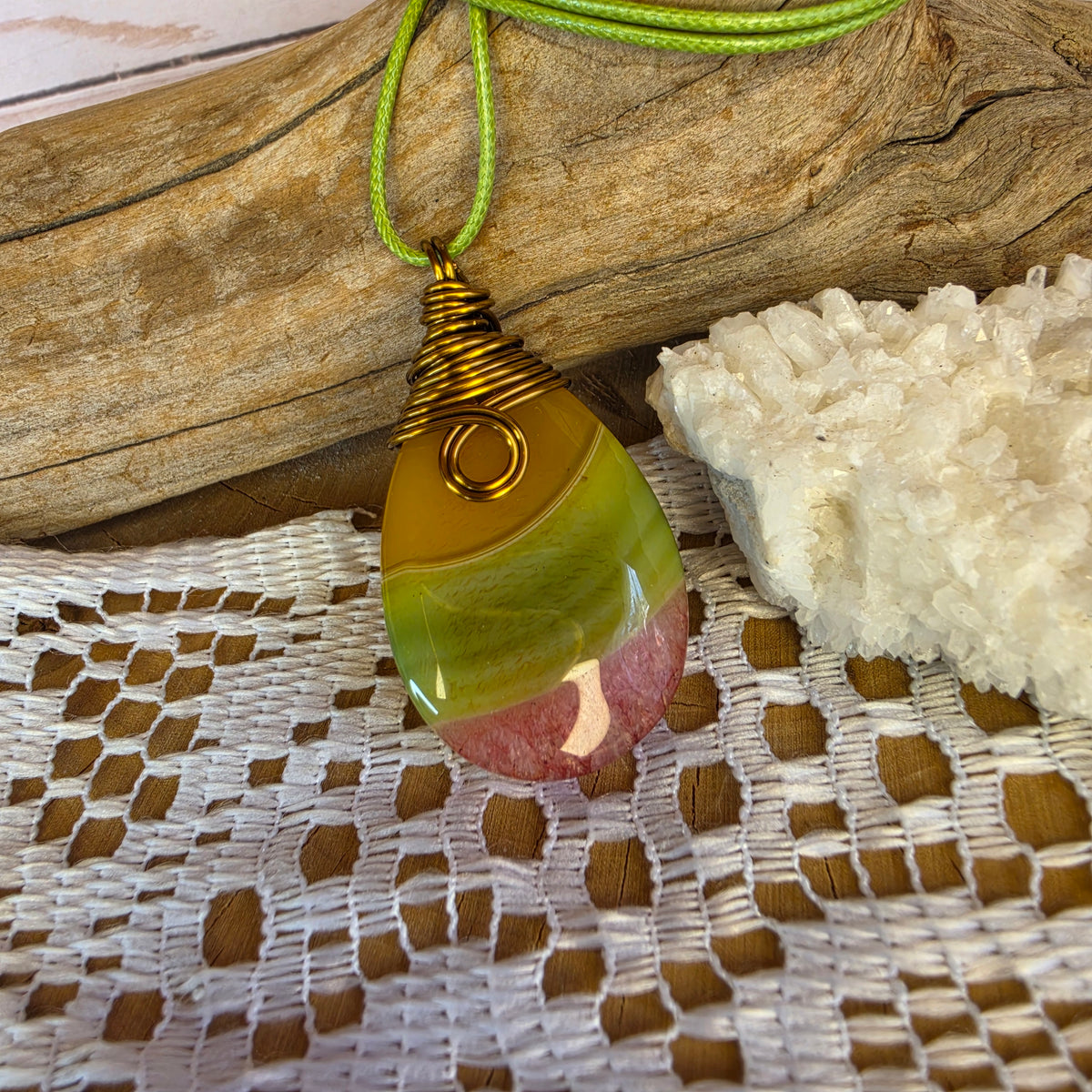 Dyed Agate • Vintage Bronze Wire-Wrapped Pendant