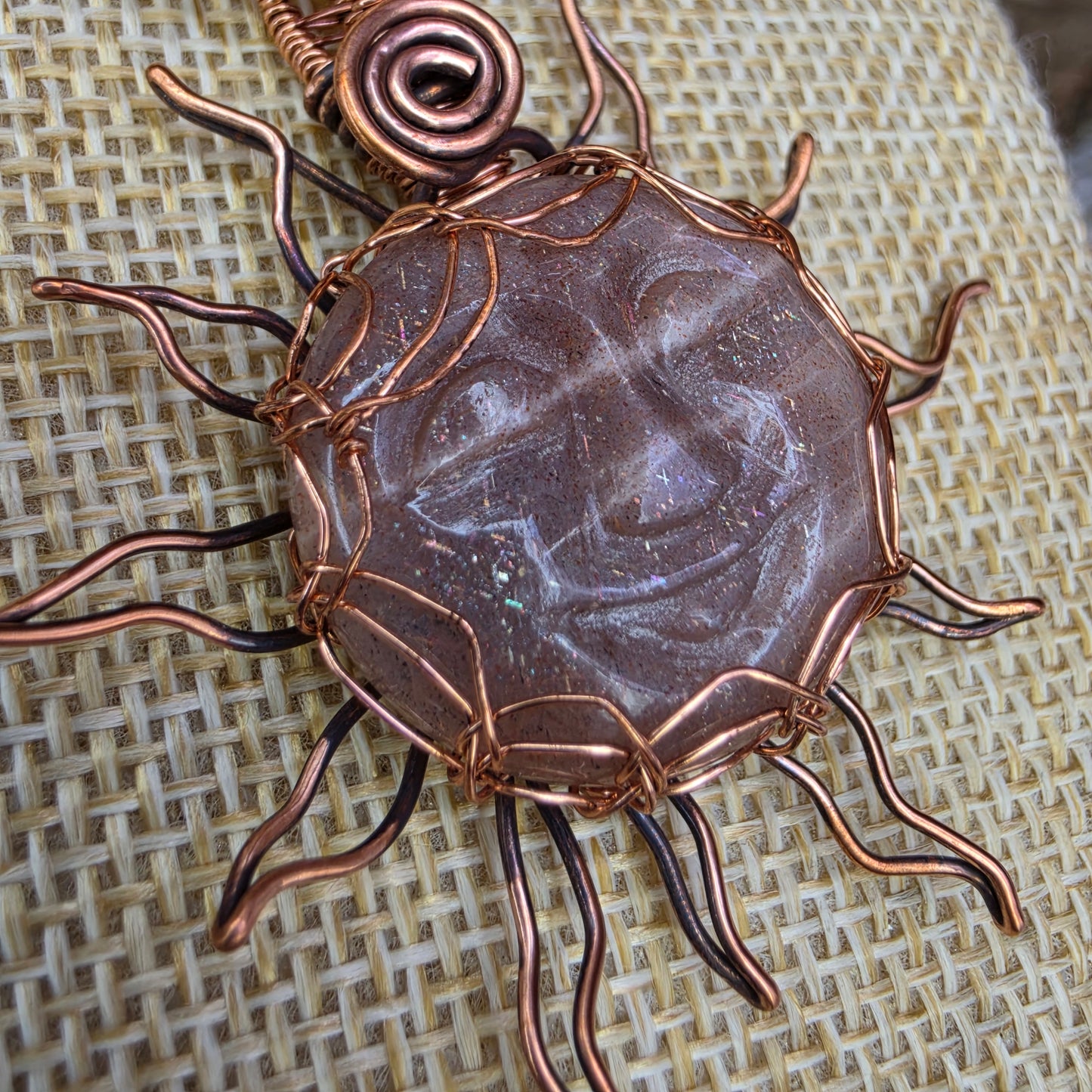 ☀️ Copper-Wrapped Carved Sunstone Pendant ☀️