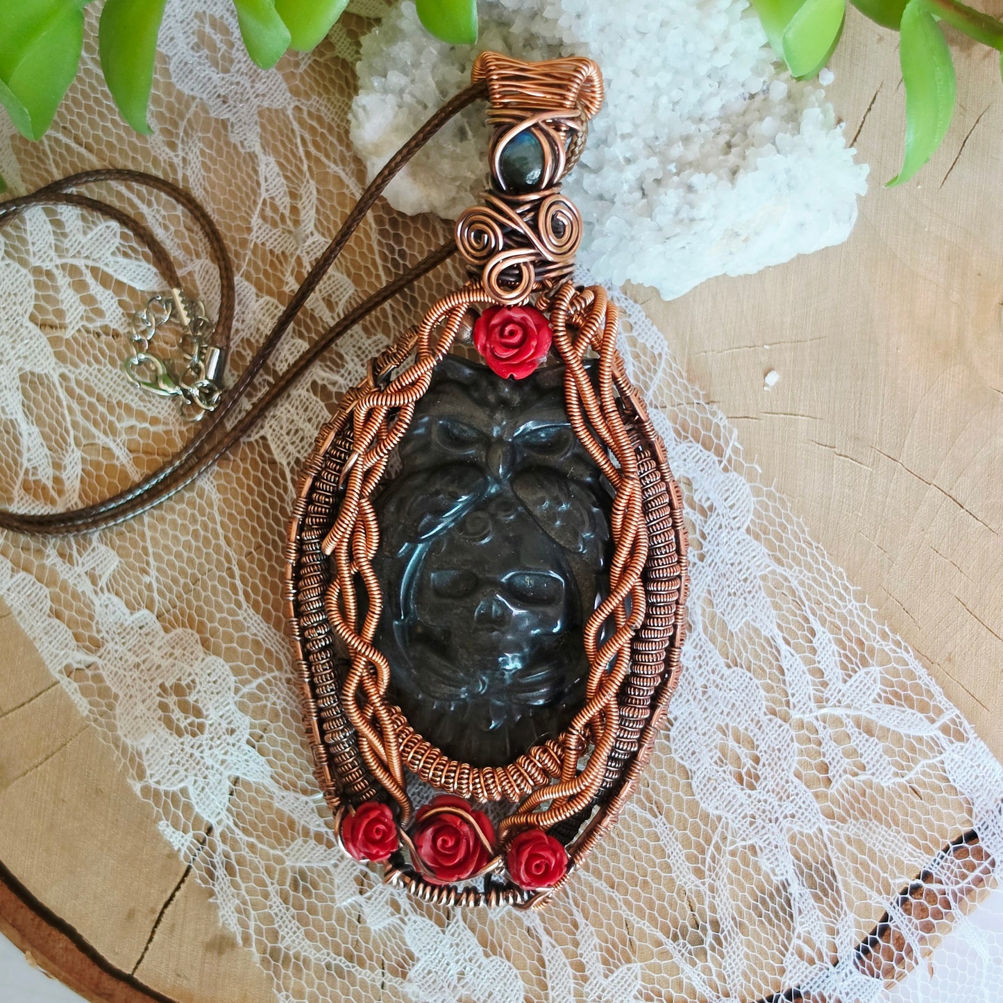 Copper Wire-Wrapped Silver Sheen Obsidian Owl/Skull carved  Pendant with Labradorite & Rose Accents