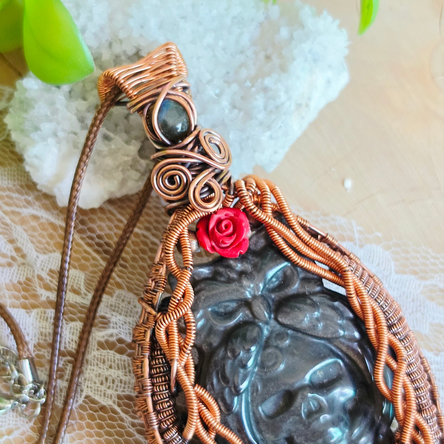 Copper Wire-Wrapped Silver Sheen Obsidian Owl/Skull carved  Pendant with Labradorite & Rose Accents