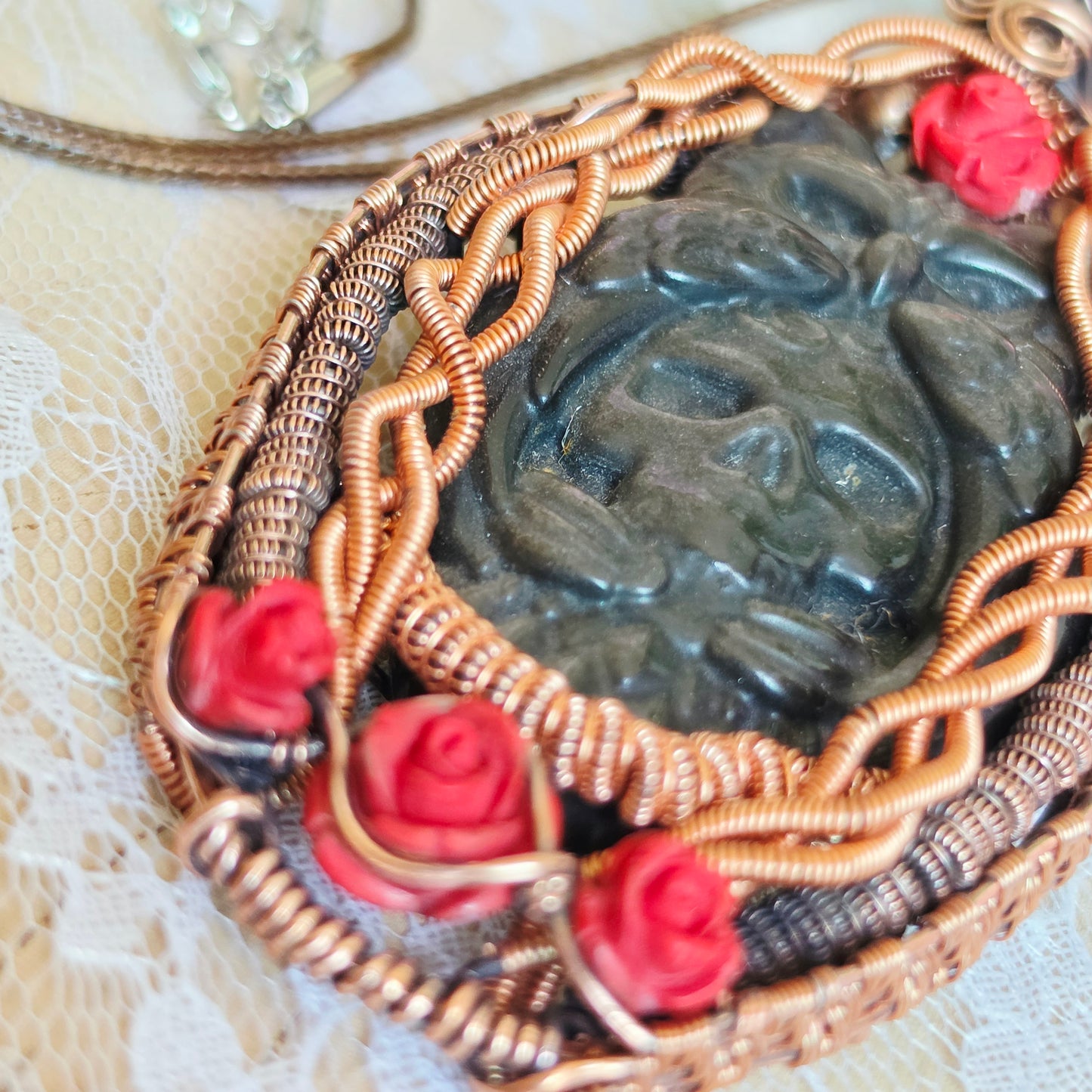 Copper Wire-Wrapped Silver Sheen Obsidian Owl/Skull carved  Pendant with Labradorite & Rose Accents
