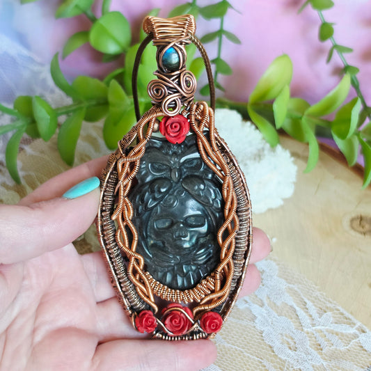 Copper Wire-Wrapped Silver Sheen Obsidian Owl/Skull carved  Pendant with Labradorite & Rose Accents