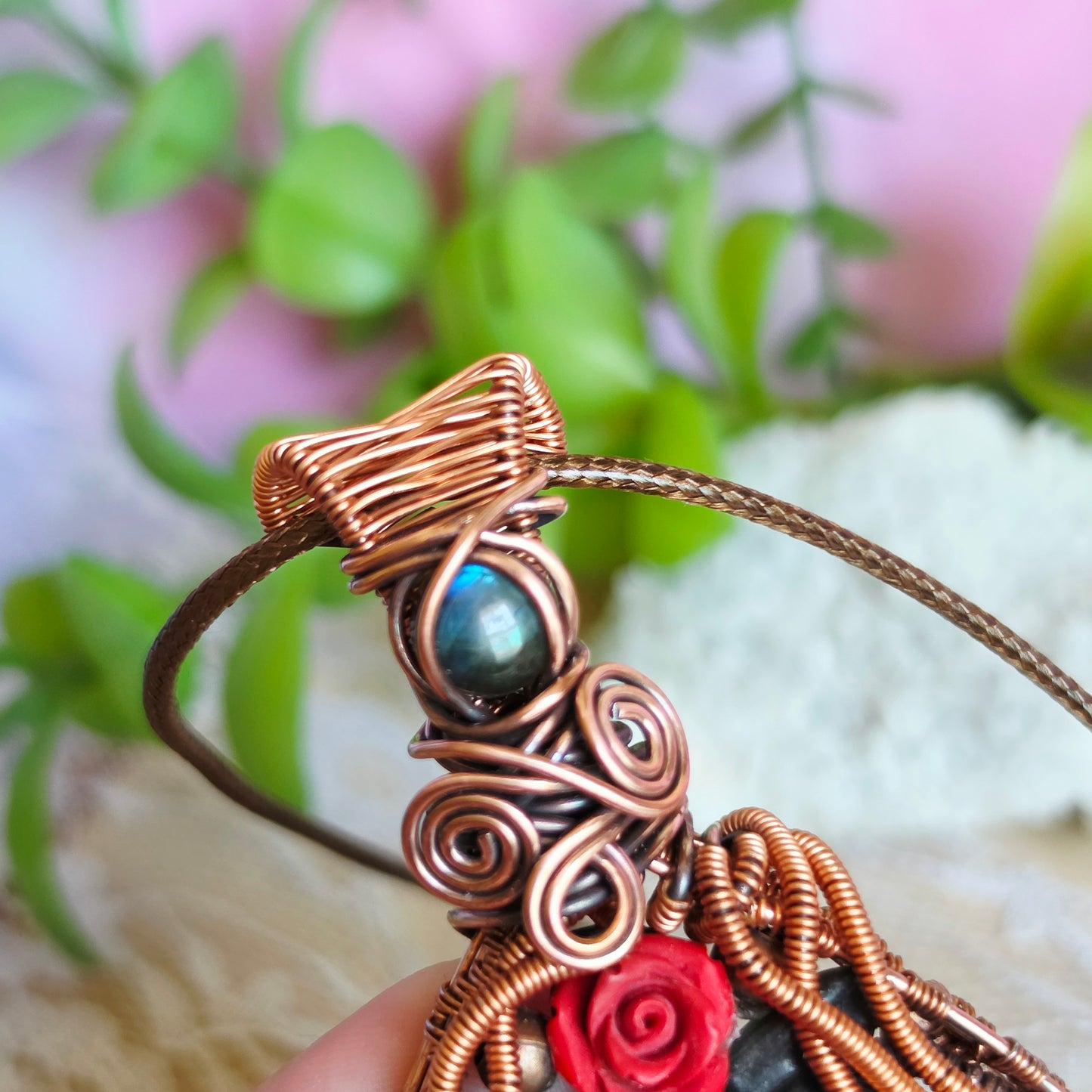 Copper Wire-Wrapped Silver Sheen Obsidian Owl/Skull carved  Pendant with Labradorite & Rose Accents
