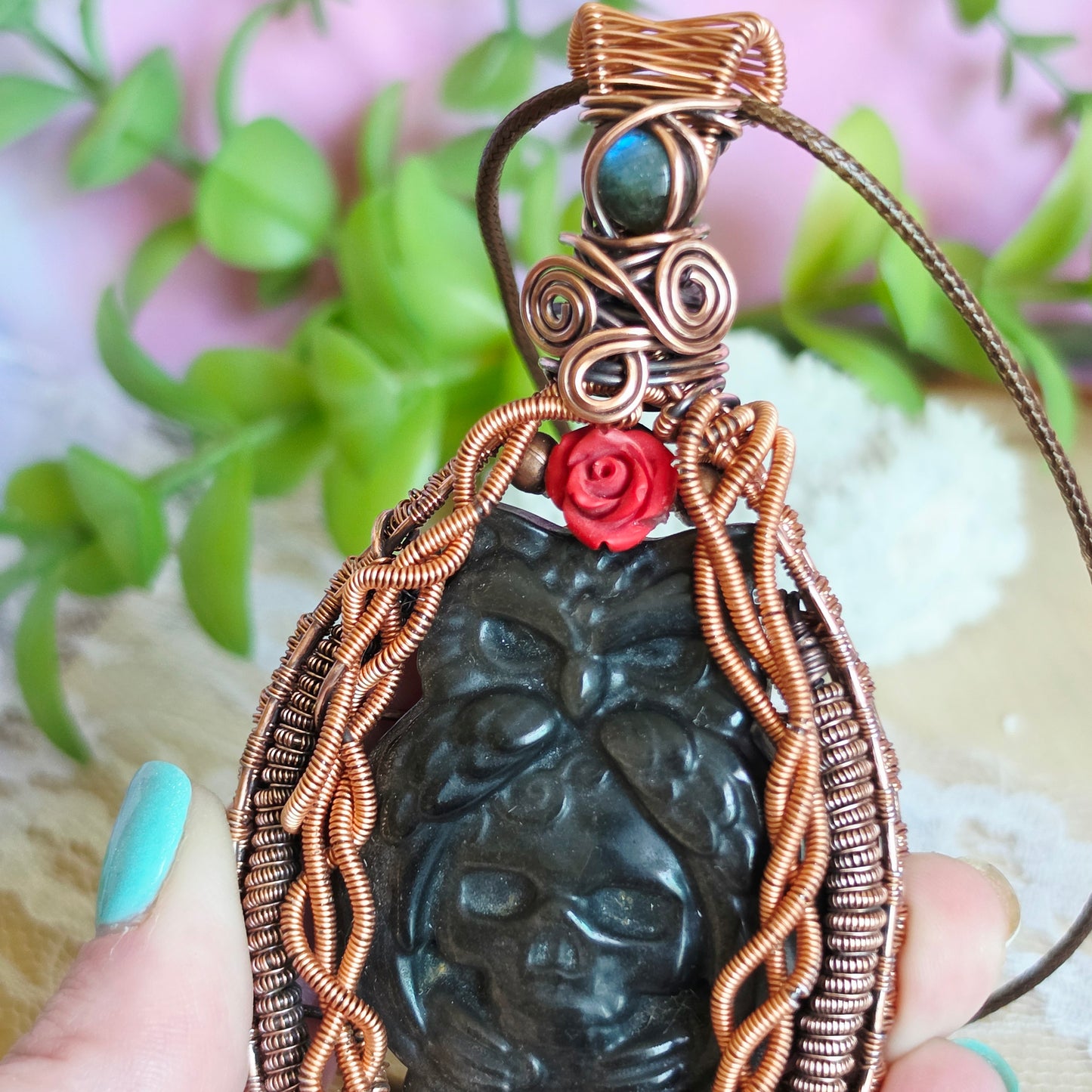 Copper Wire-Wrapped Silver Sheen Obsidian Owl/Skull carved  Pendant with Labradorite & Rose Accents