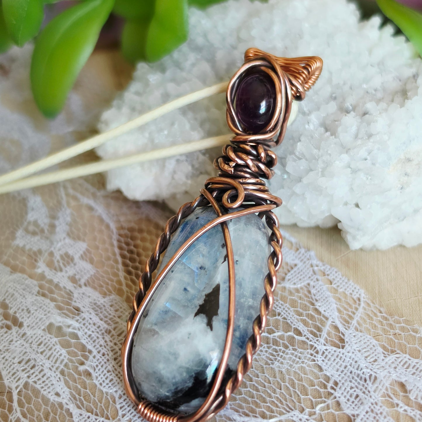 Copper Wire-Wrapped Rainbow Moonstone Pendant with Amethyst Accent Stone