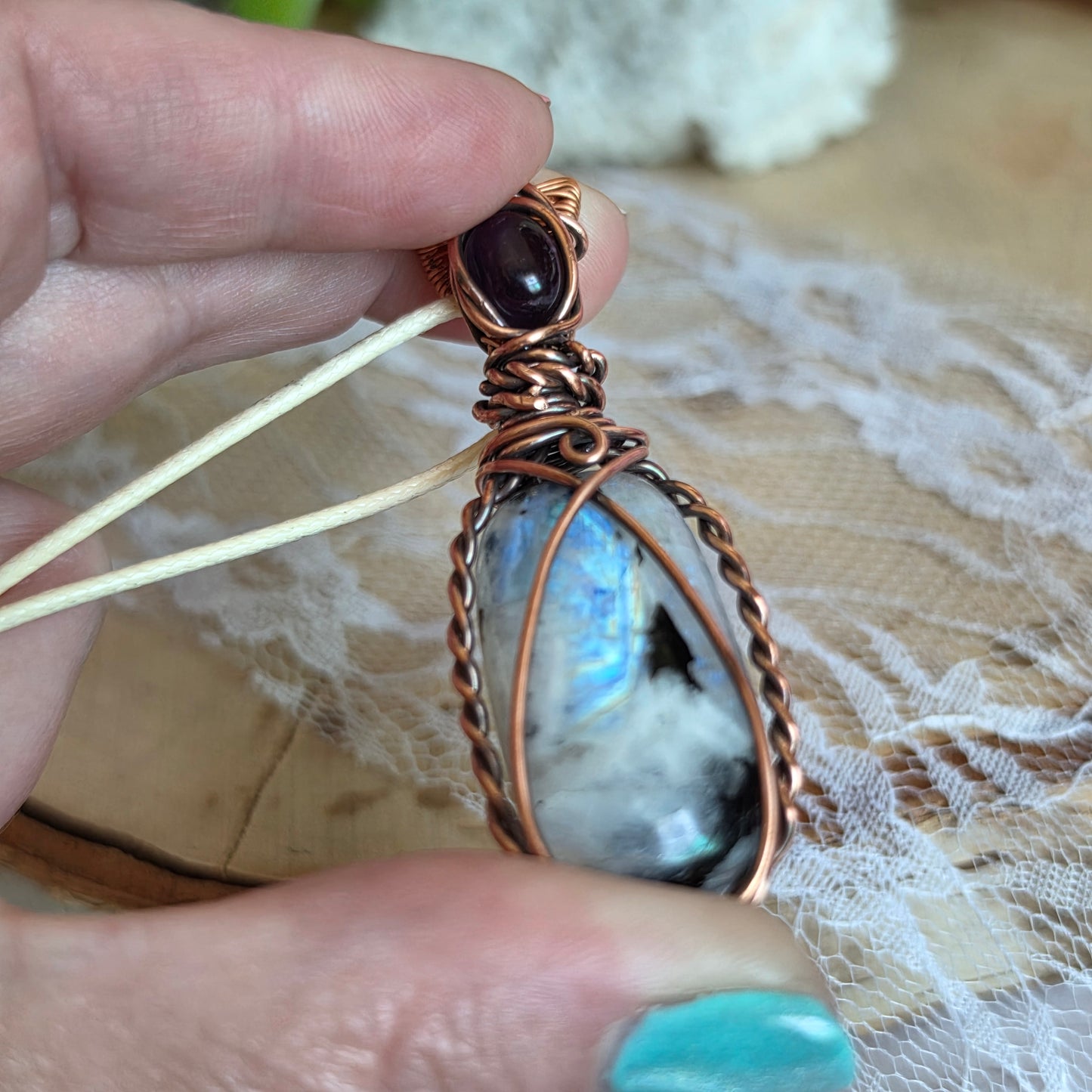 Copper Wire-Wrapped Rainbow Moonstone Pendant with Amethyst Accent Stone