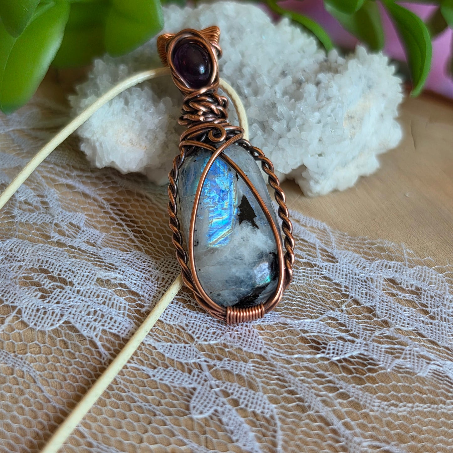 Copper Wire-Wrapped Rainbow Moonstone Pendant with Amethyst Accent Stone