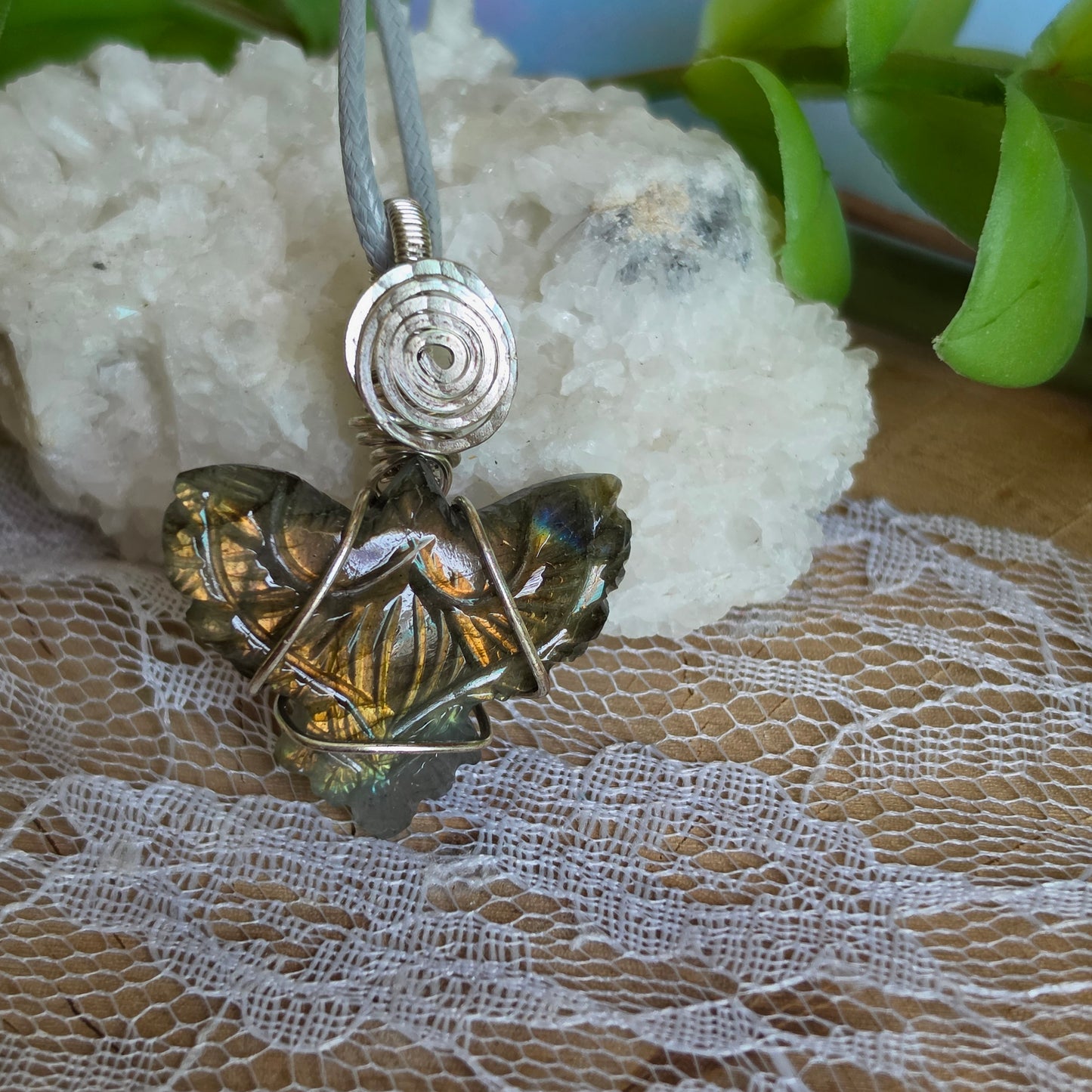 Silver Wire-Wrapped Labradorite Carved Eagle Pendant