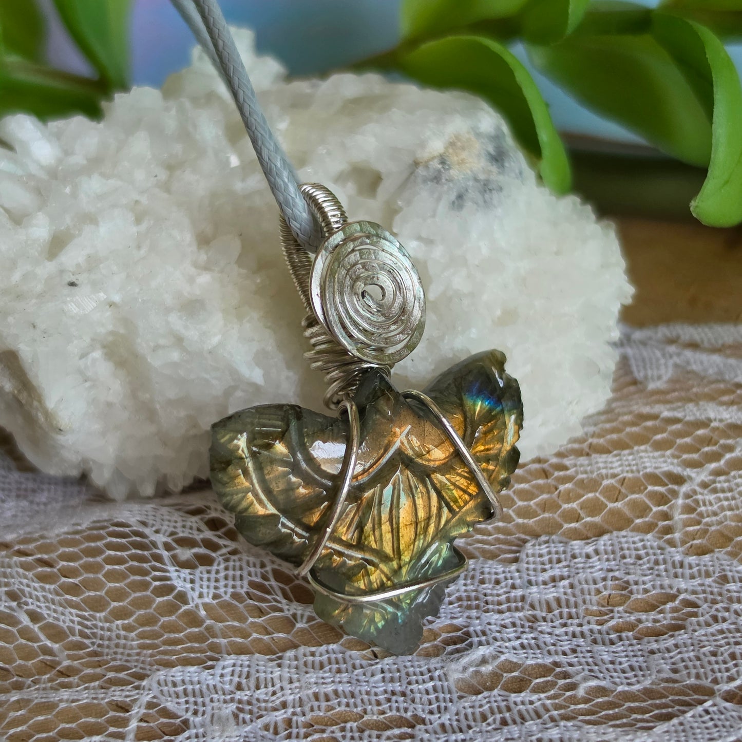 Silver Wire-Wrapped Labradorite Carved Eagle Pendant