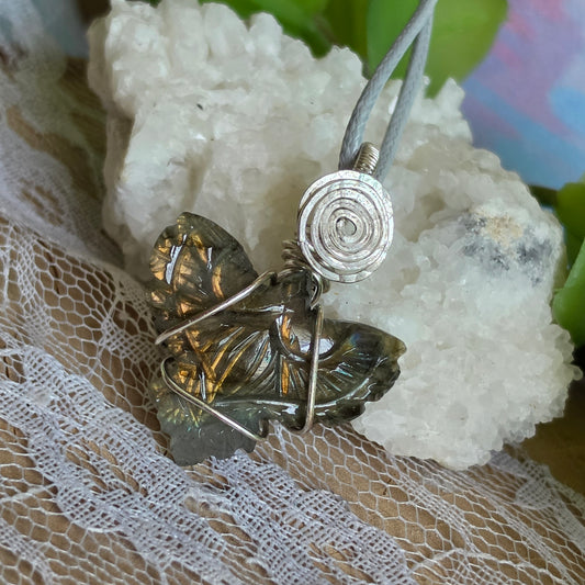 Silver Wire-Wrapped Labradorite Carved Eagle Pendant