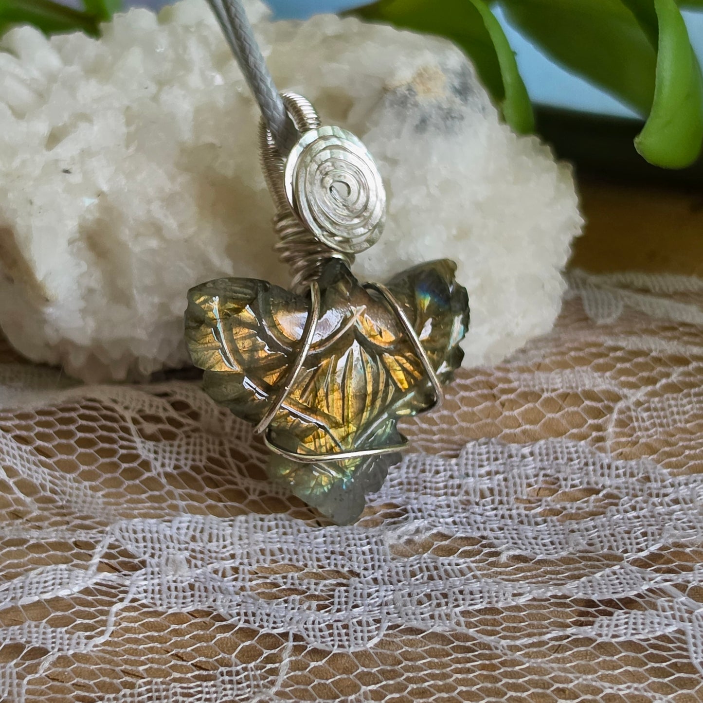 Silver Wire-Wrapped Labradorite Carved Eagle Pendant