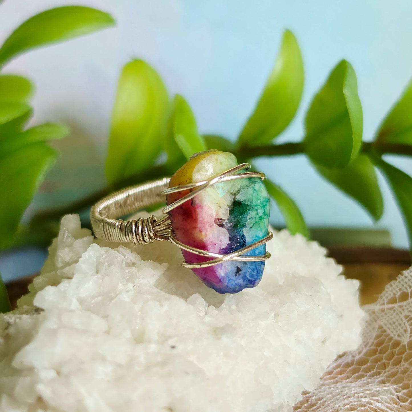 Silver Wire-Wrapped Dyed Rainbow Druzy Quartz Ring Size 8