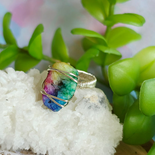 Silver Wire-Wrapped Dyed Rainbow Druzy Quartz Ring Size 8