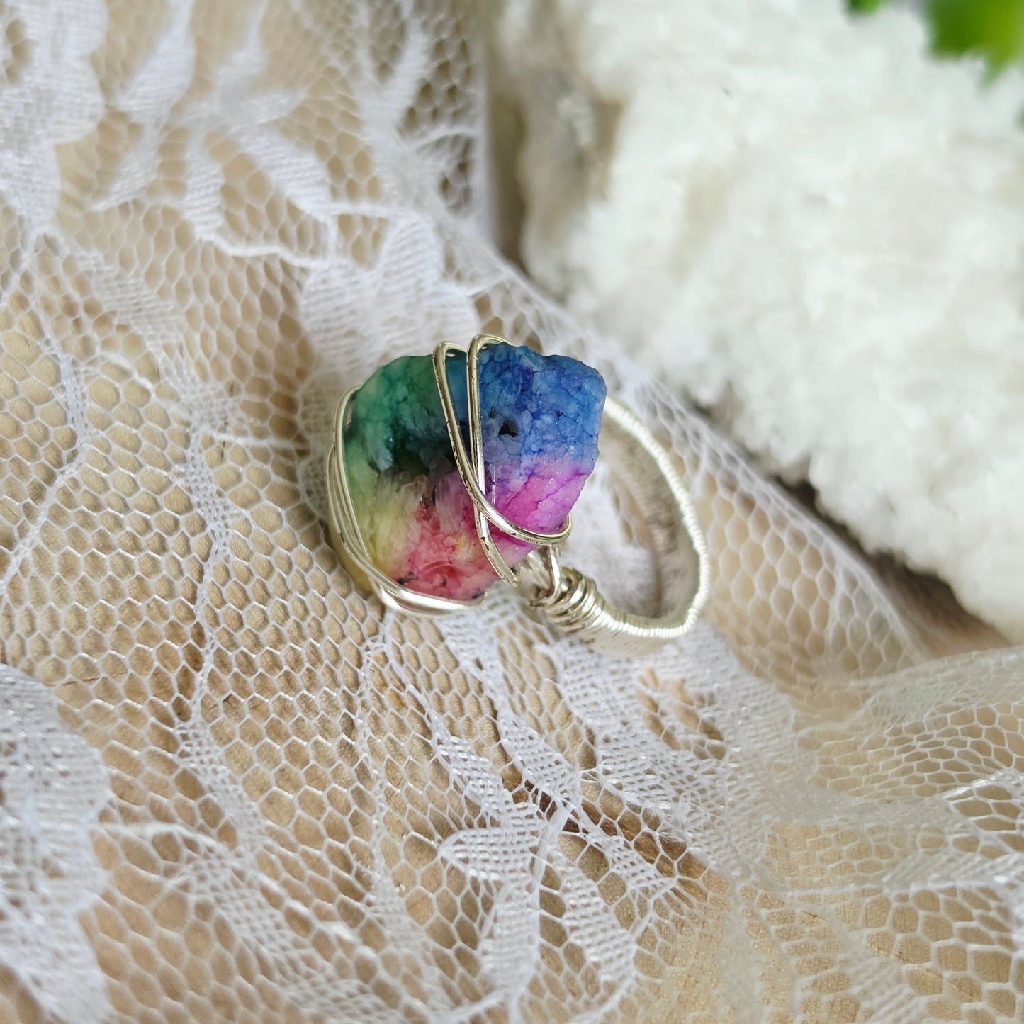 Silver Wire-Wrapped Dyed Rainbow Druzy Quartz Ring Size 8
