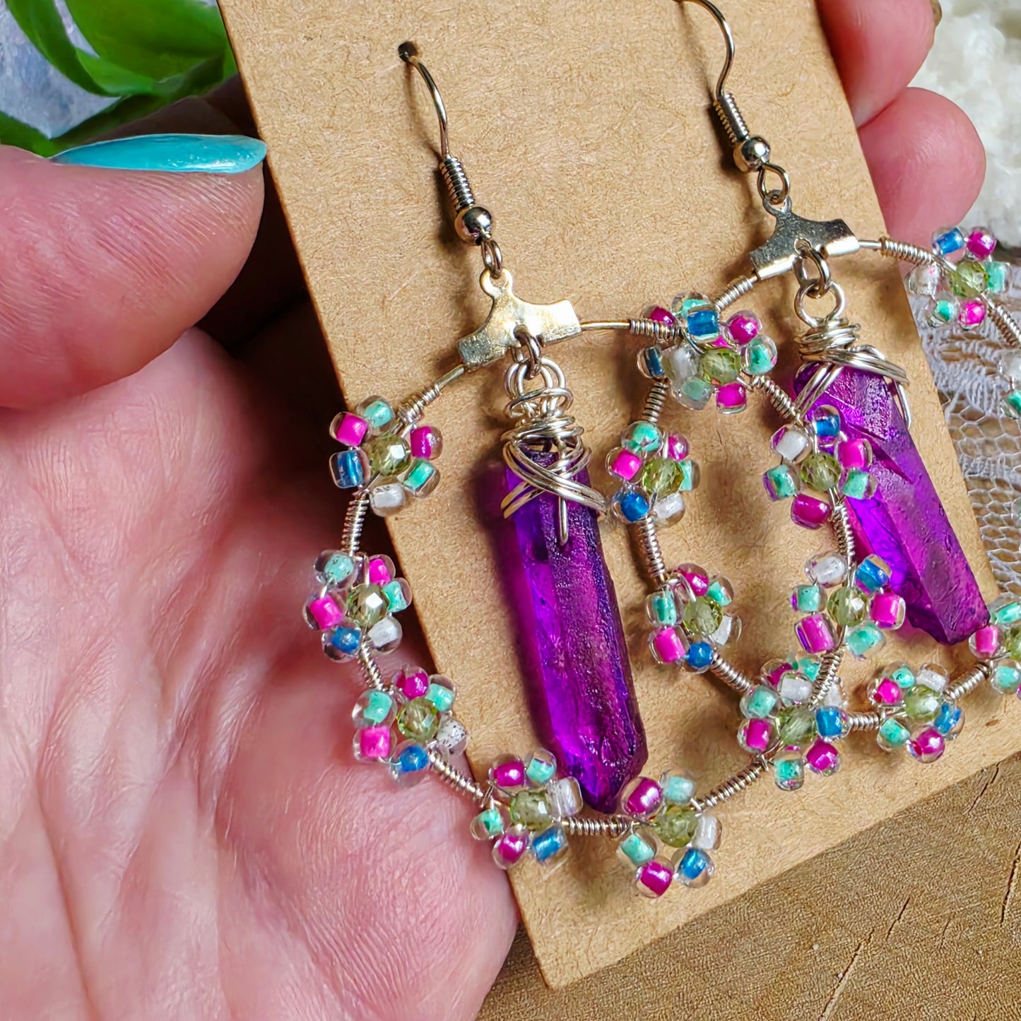 Titanium-Coated Quartz Floral Hoop Earrings