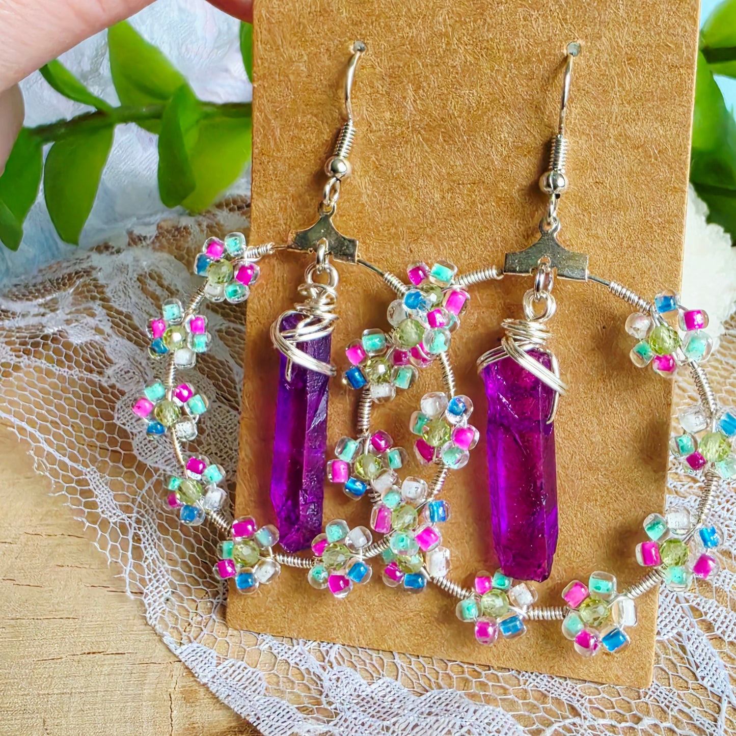 Titanium-Coated Quartz Floral Hoop Earrings