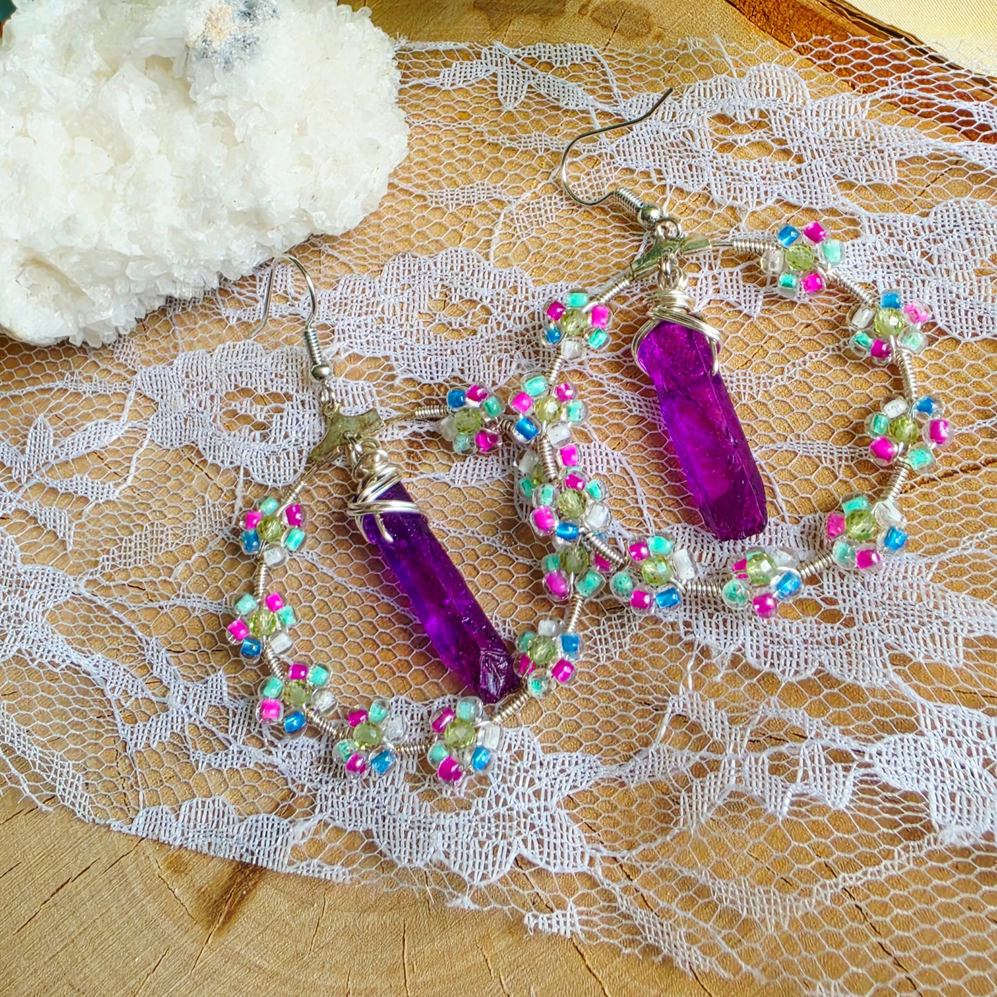Titanium-Coated Quartz Floral Hoop Earrings