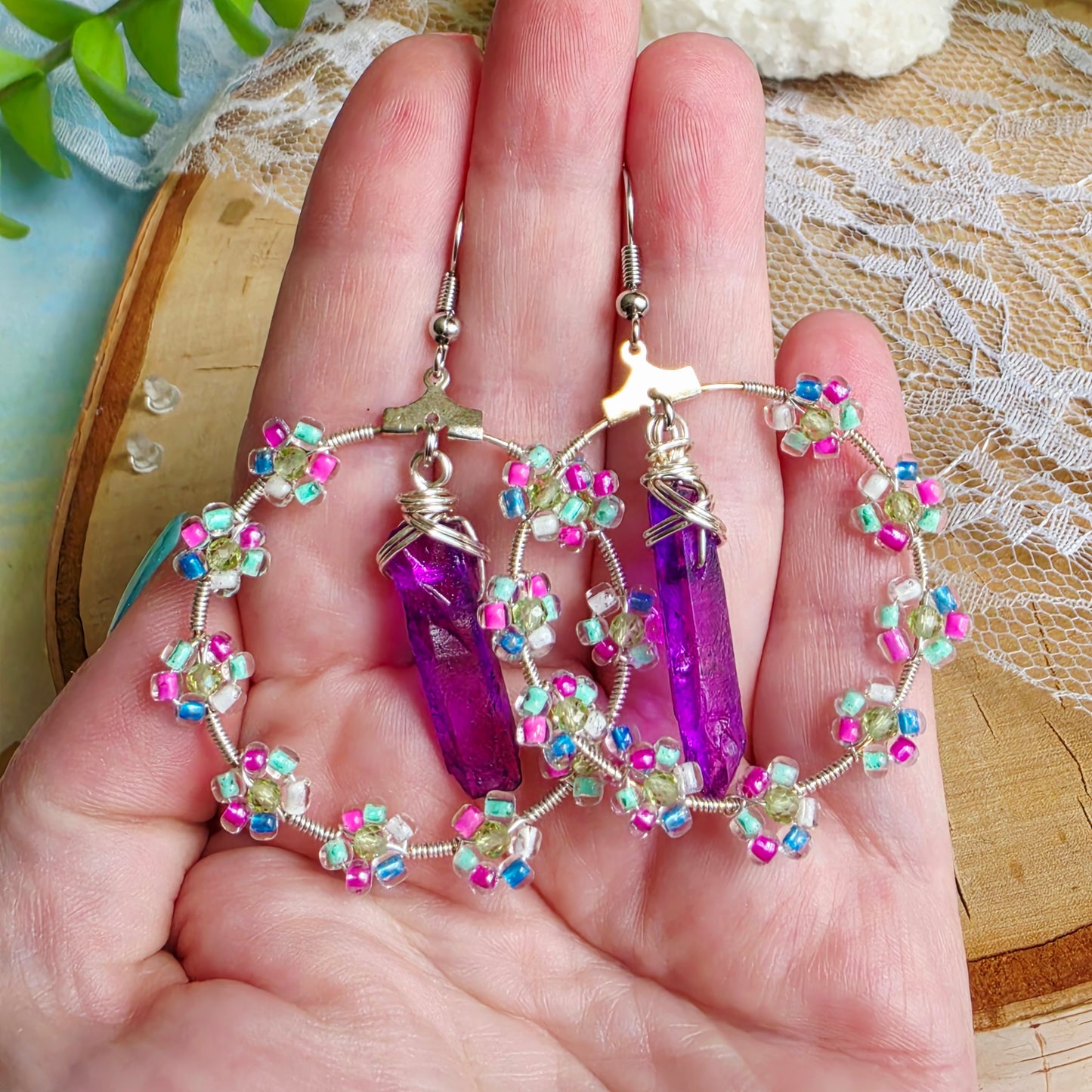 Titanium-Coated Quartz Floral Hoop Earrings