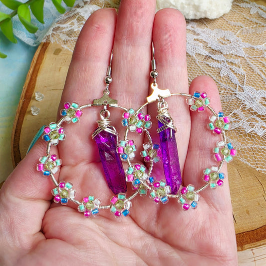 Titanium-Coated Quartz Floral Hoop Earrings