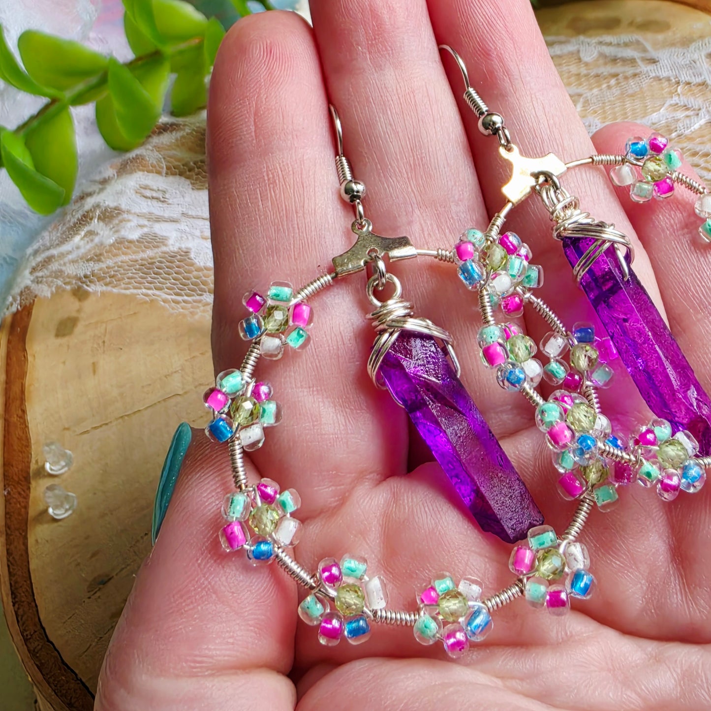 Titanium-Coated Quartz Floral Hoop Earrings