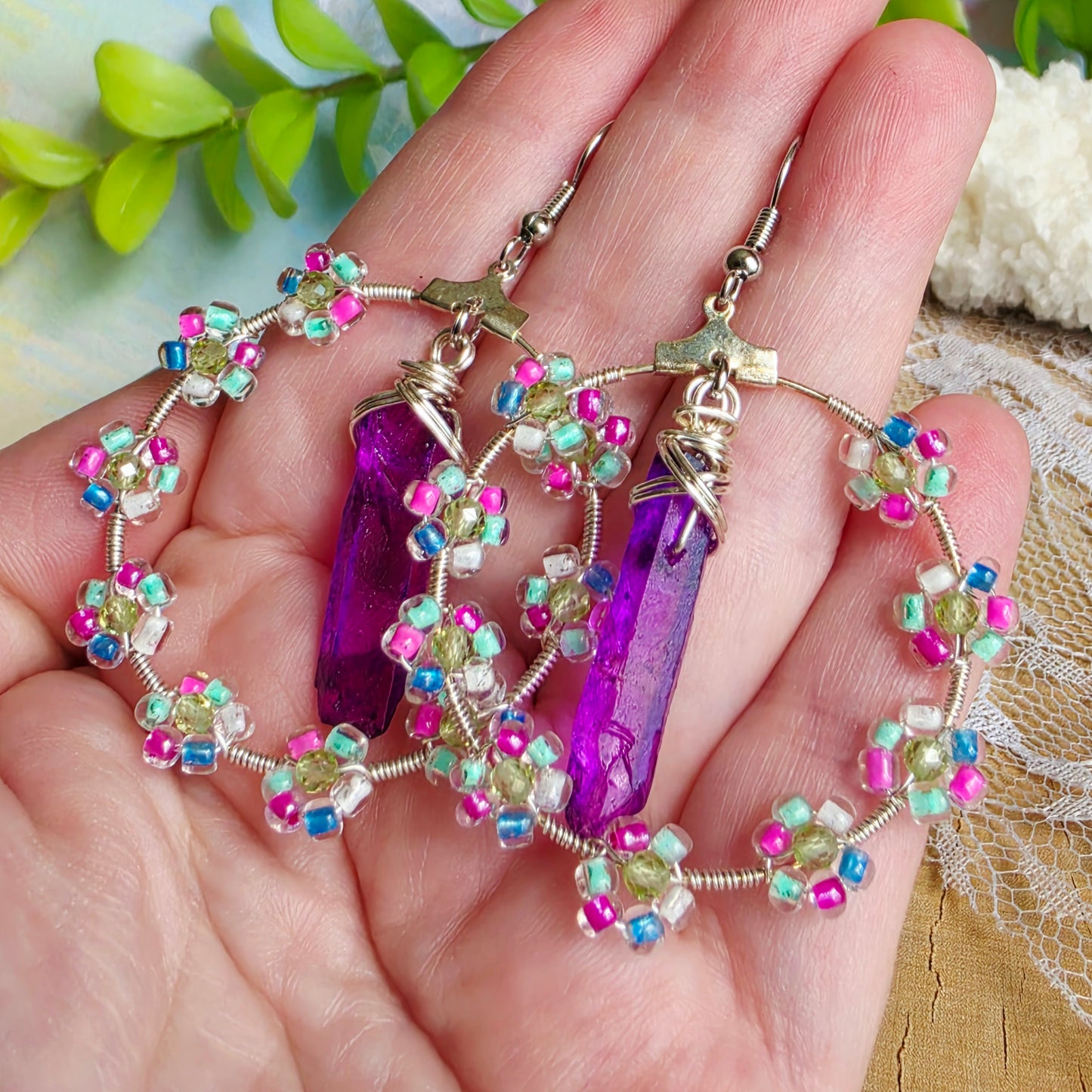 Titanium-Coated Quartz Floral Hoop Earrings
