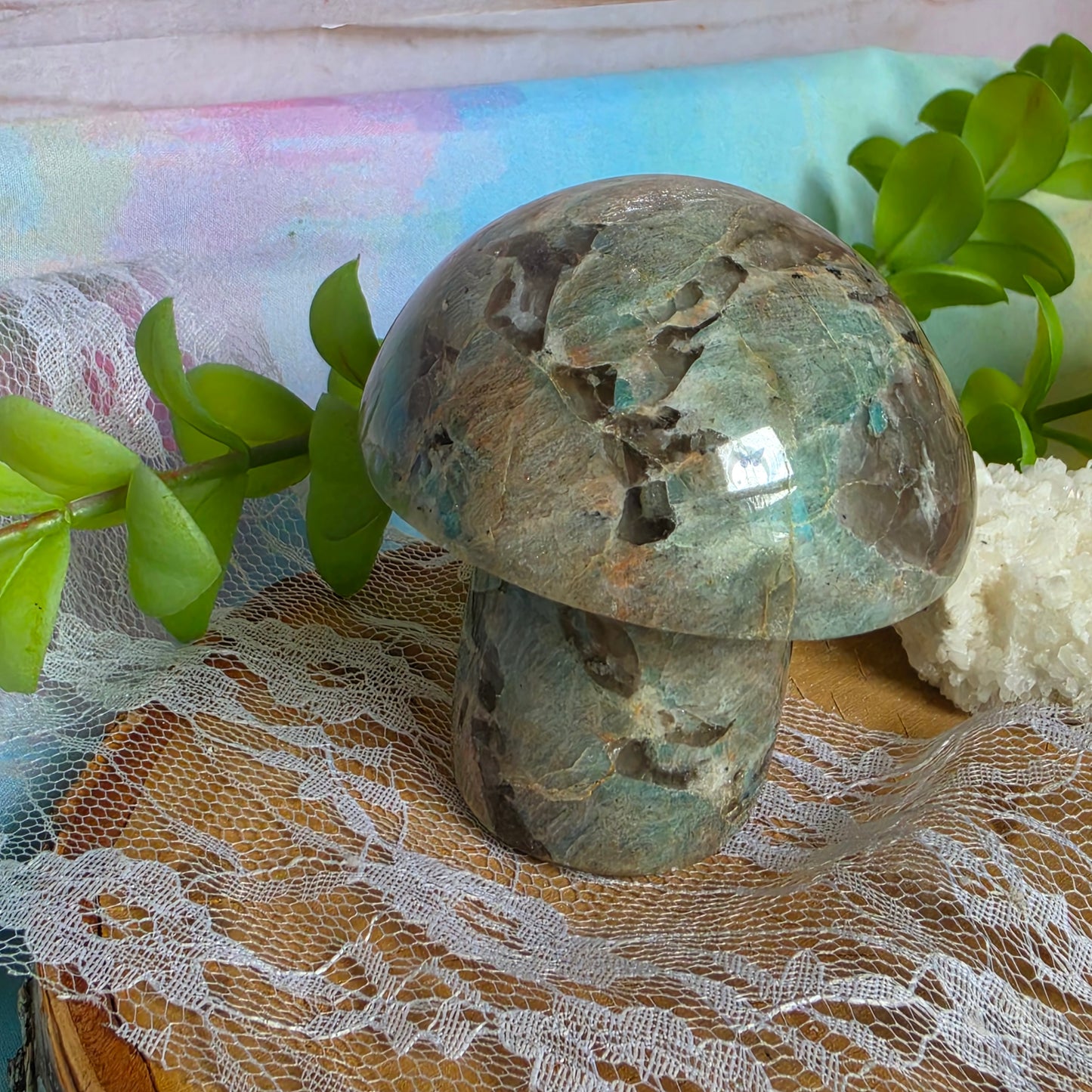 Green Moonstone Mushroom Carving