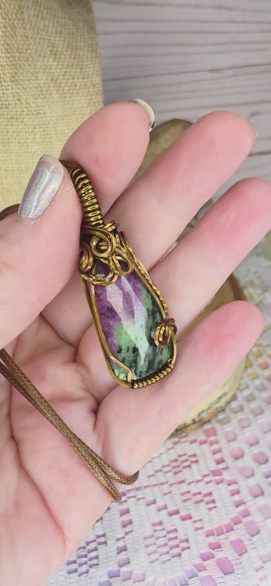 Ruby Zoisite • Vintage Bronze Wire-Wrapped Pendant