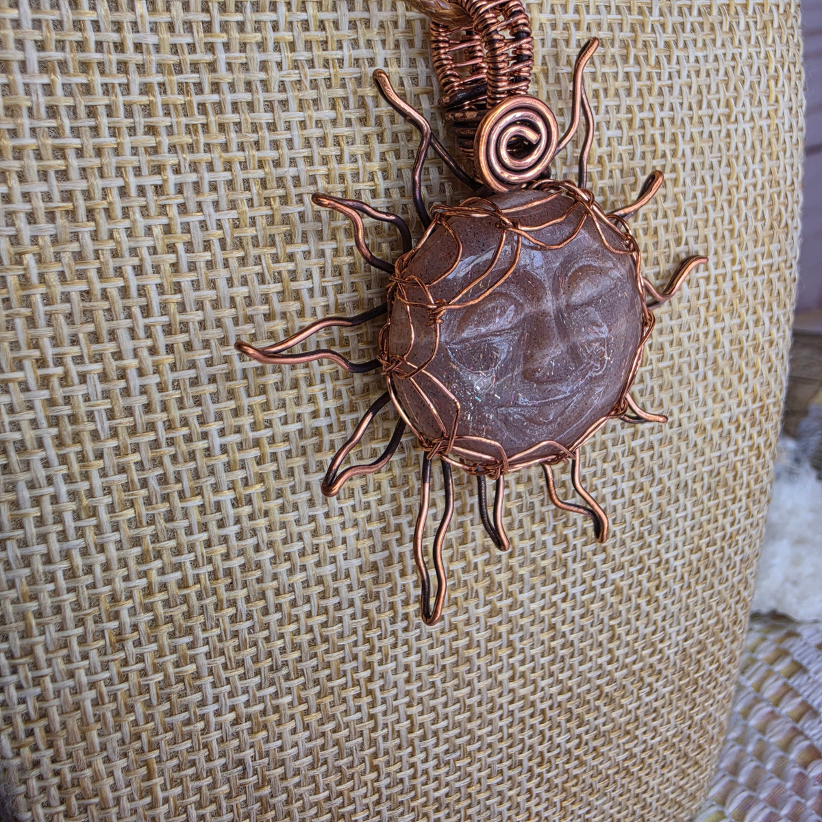 ☀️ Copper-Wrapped Carved Sunstone Pendant ☀️