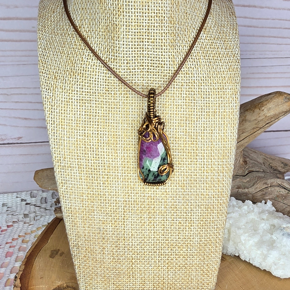 Ruby Zoisite • Vintage Bronze Wire-Wrapped Pendant