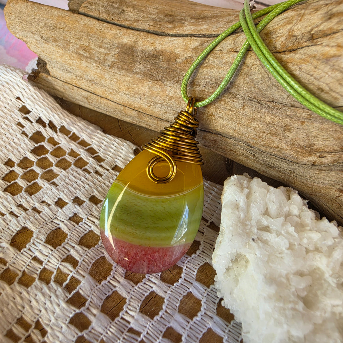 Dyed Agate • Vintage Bronze Wire-Wrapped Pendant