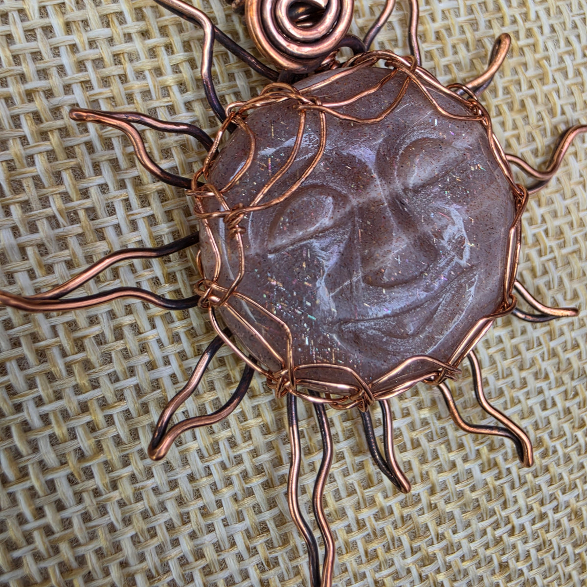 ☀️ Copper-Wrapped Carved Sunstone Pendant ☀️