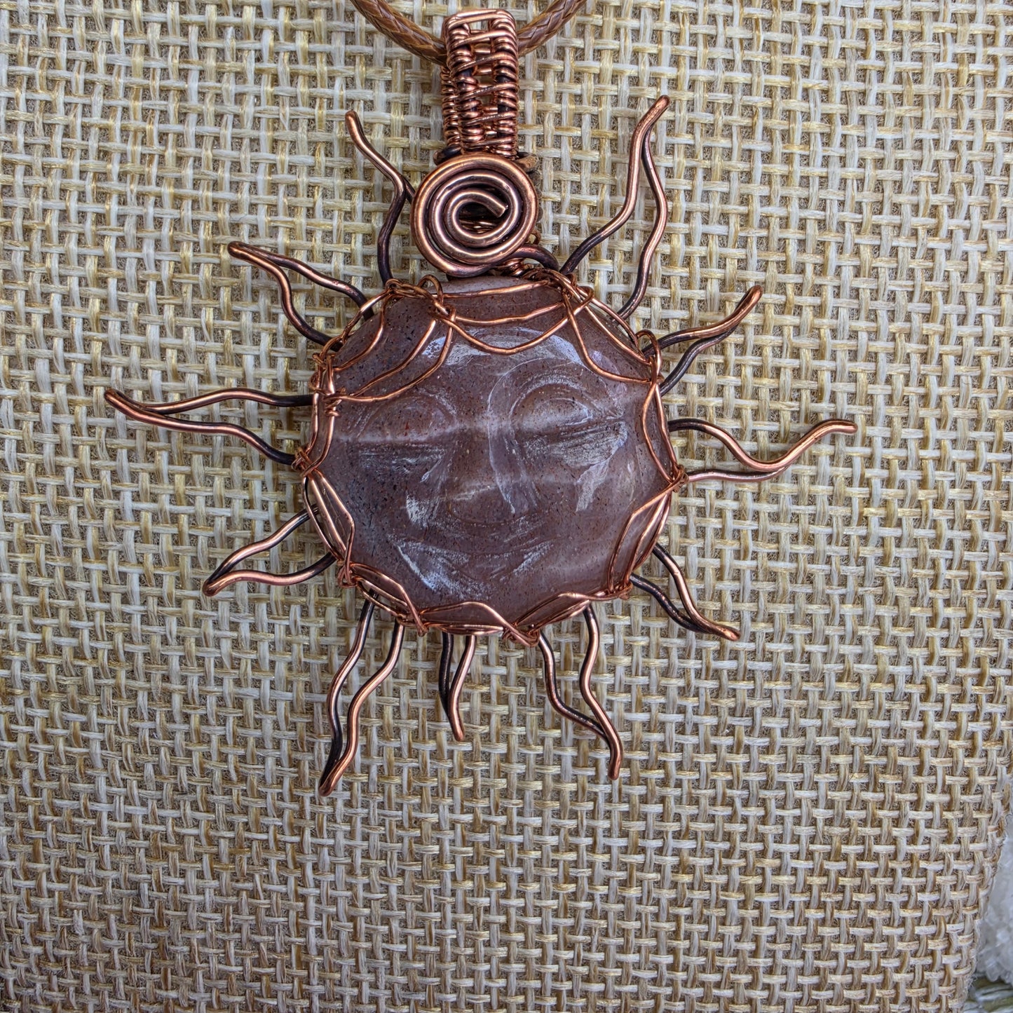 ☀️ Copper-Wrapped Carved Sunstone Pendant ☀️