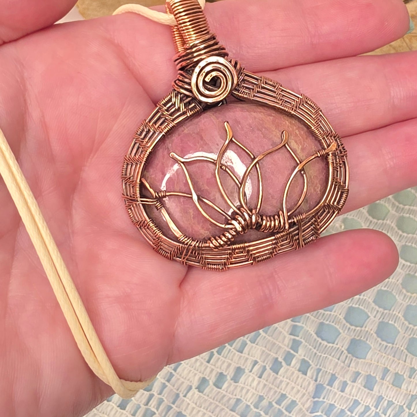 Copper Wire-Wrapped Rhodonite Lotus Pendant 🌸