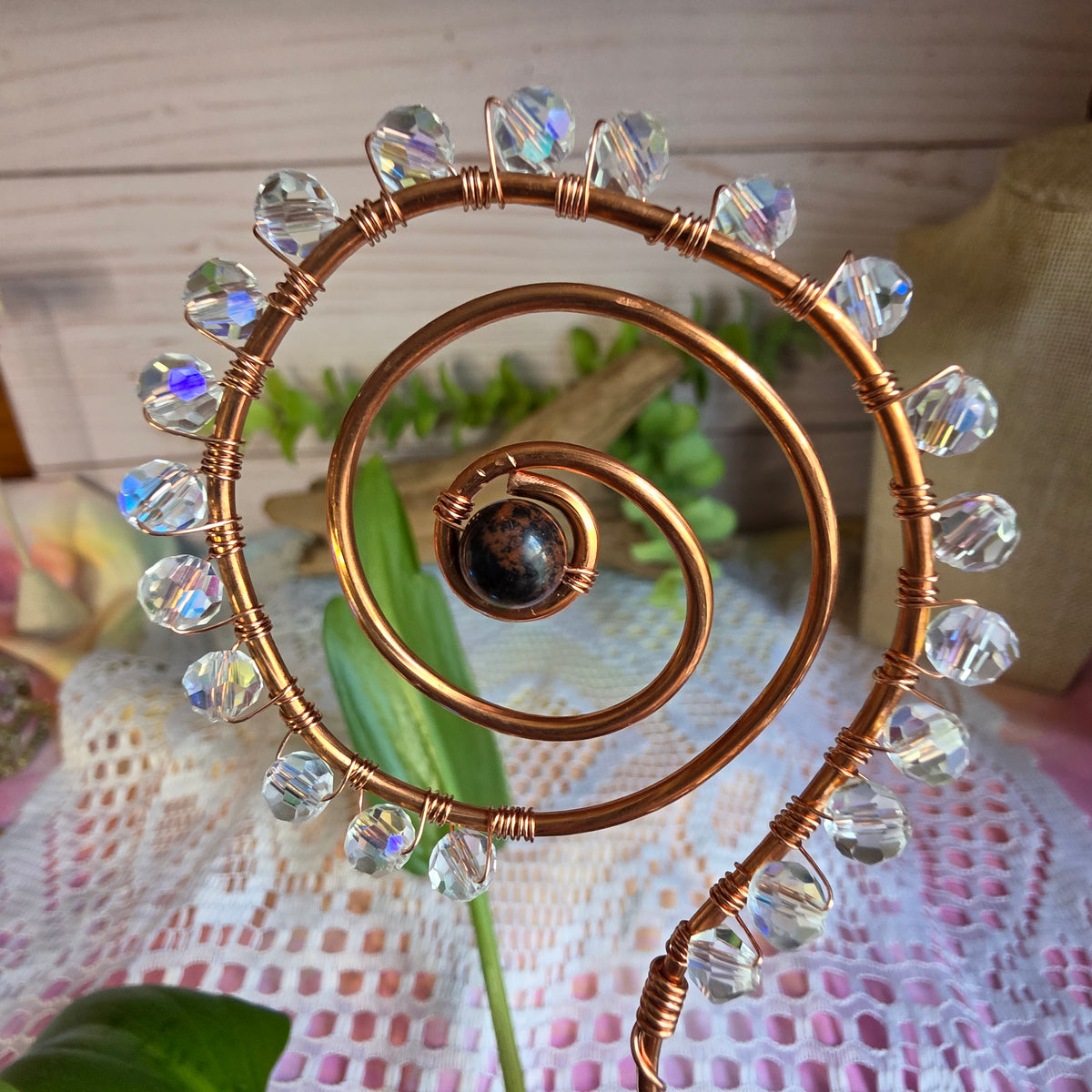 Mahogany Obsidian Copper Spiral Plant Stake
