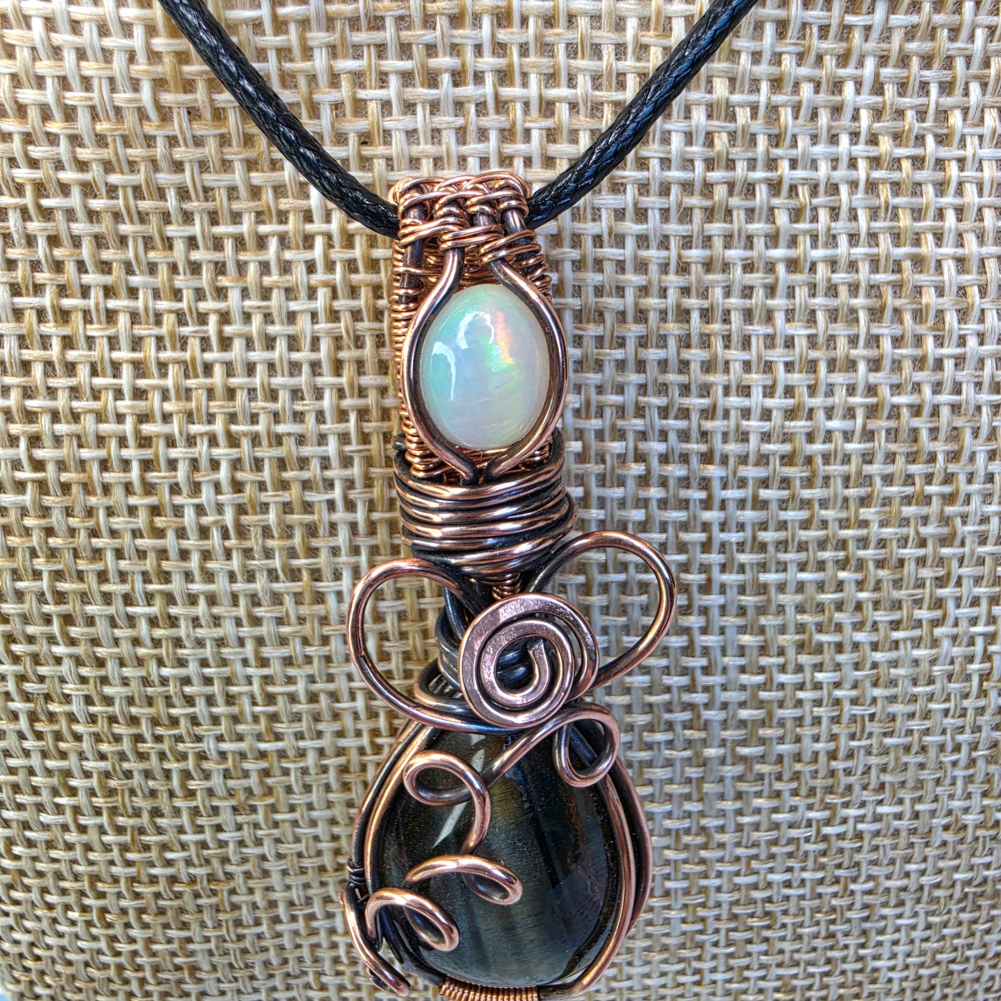 Blue Tiger's Eye & Opal Wire-Wrapped Pendant