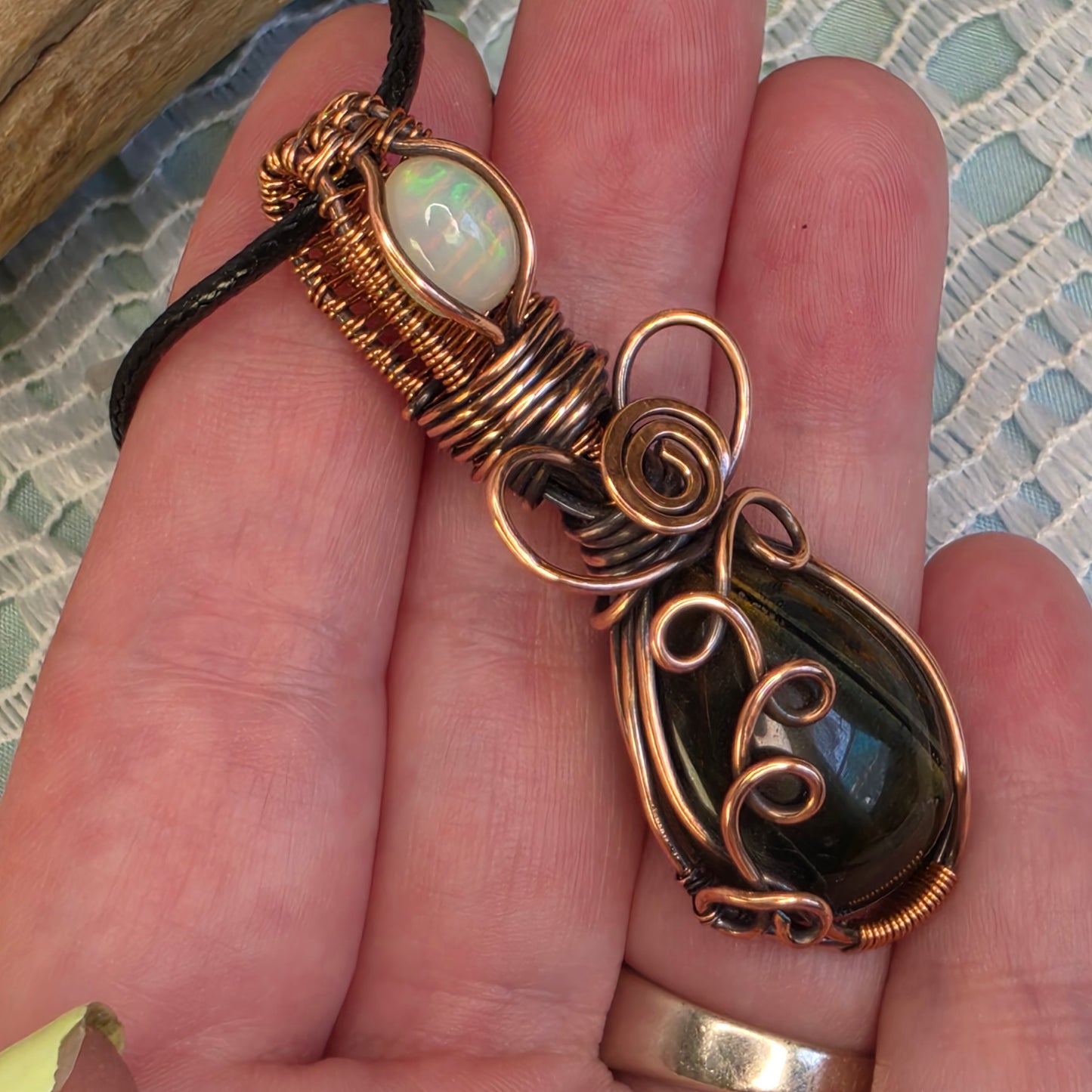 Blue Tiger's Eye & Opal Wire-Wrapped Pendant