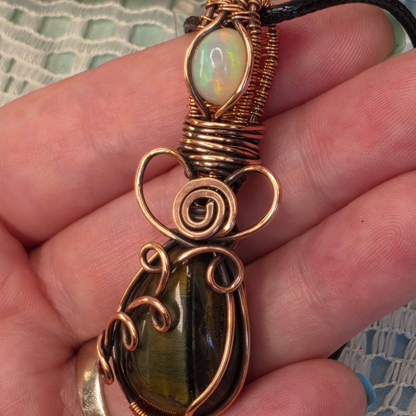Blue Tiger's Eye & Opal Wire-Wrapped Pendant