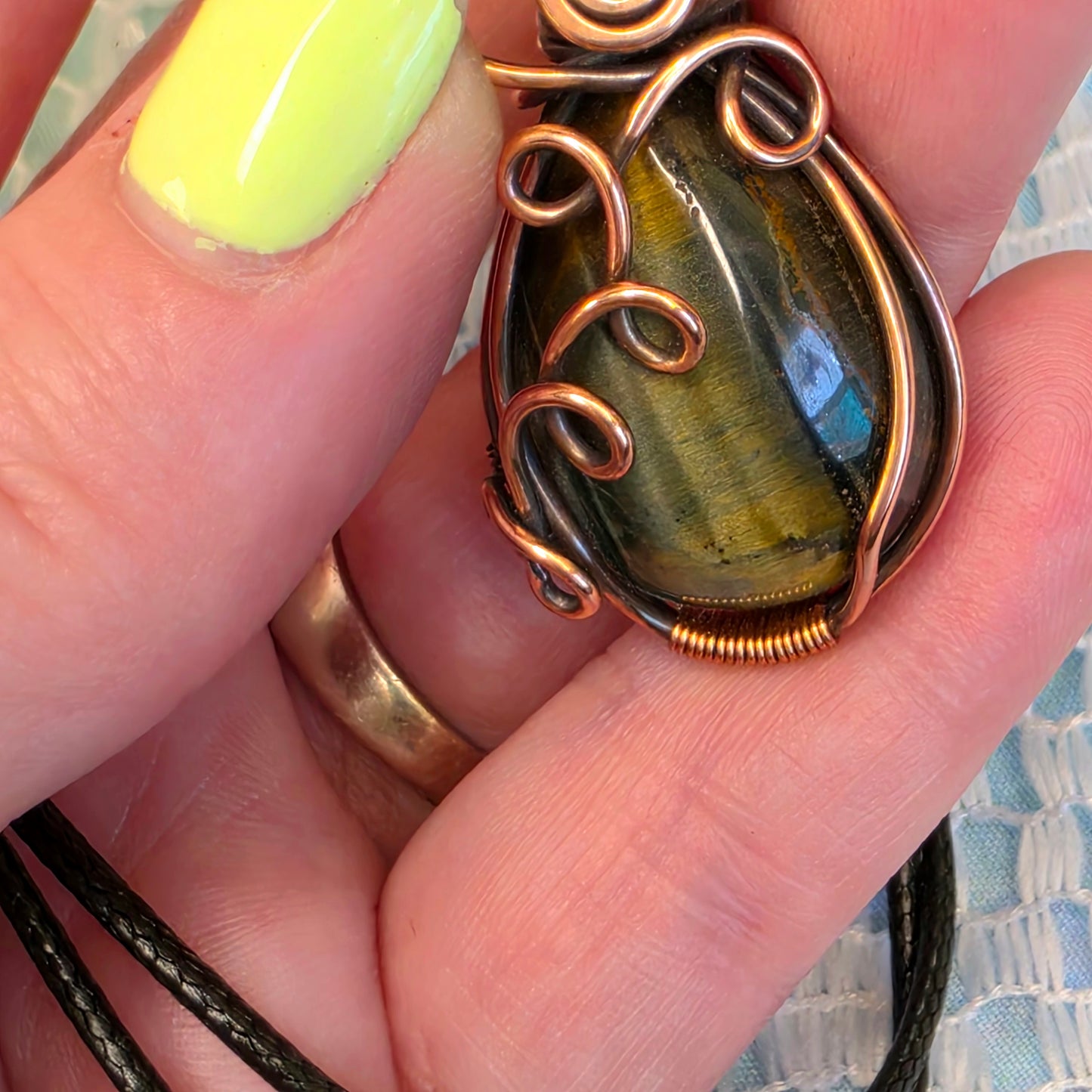 Blue Tiger's Eye & Opal Wire-Wrapped Pendant