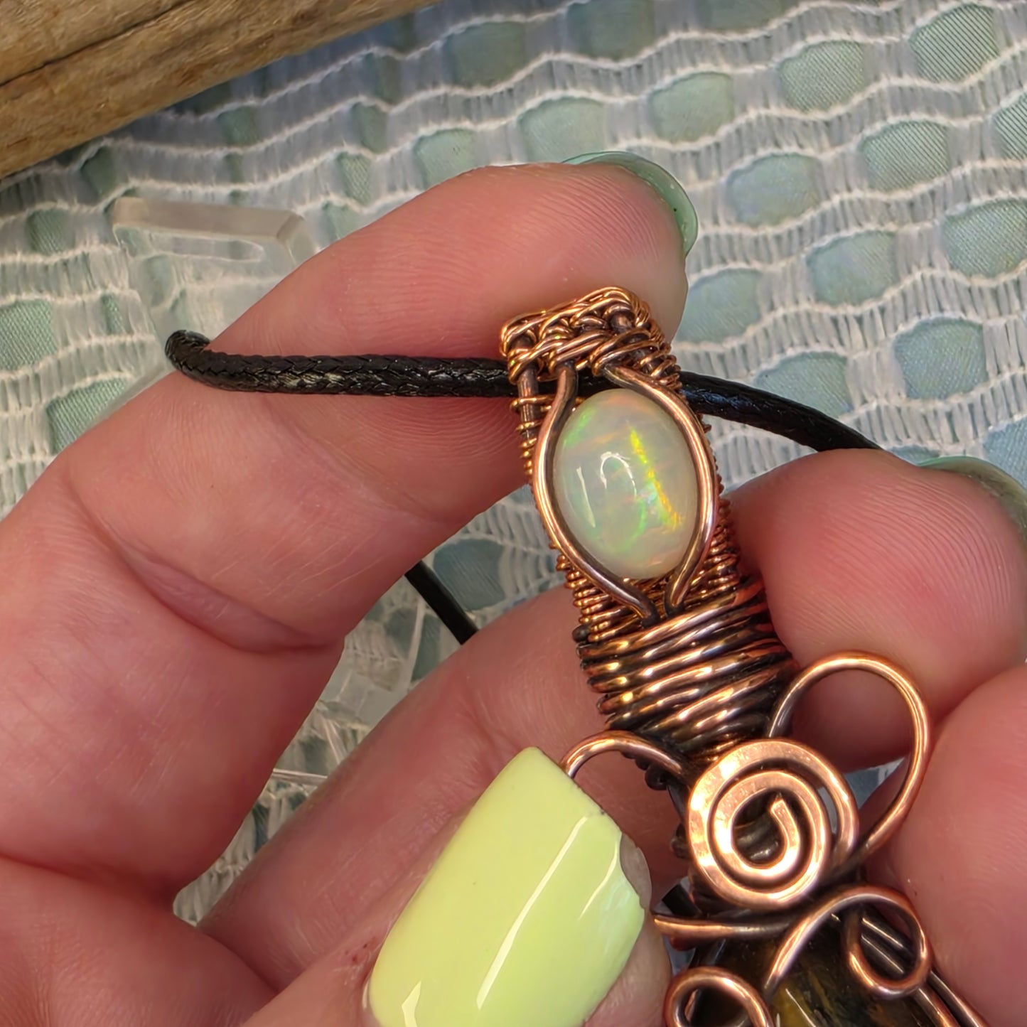 Blue Tiger's Eye & Opal Wire-Wrapped Pendant