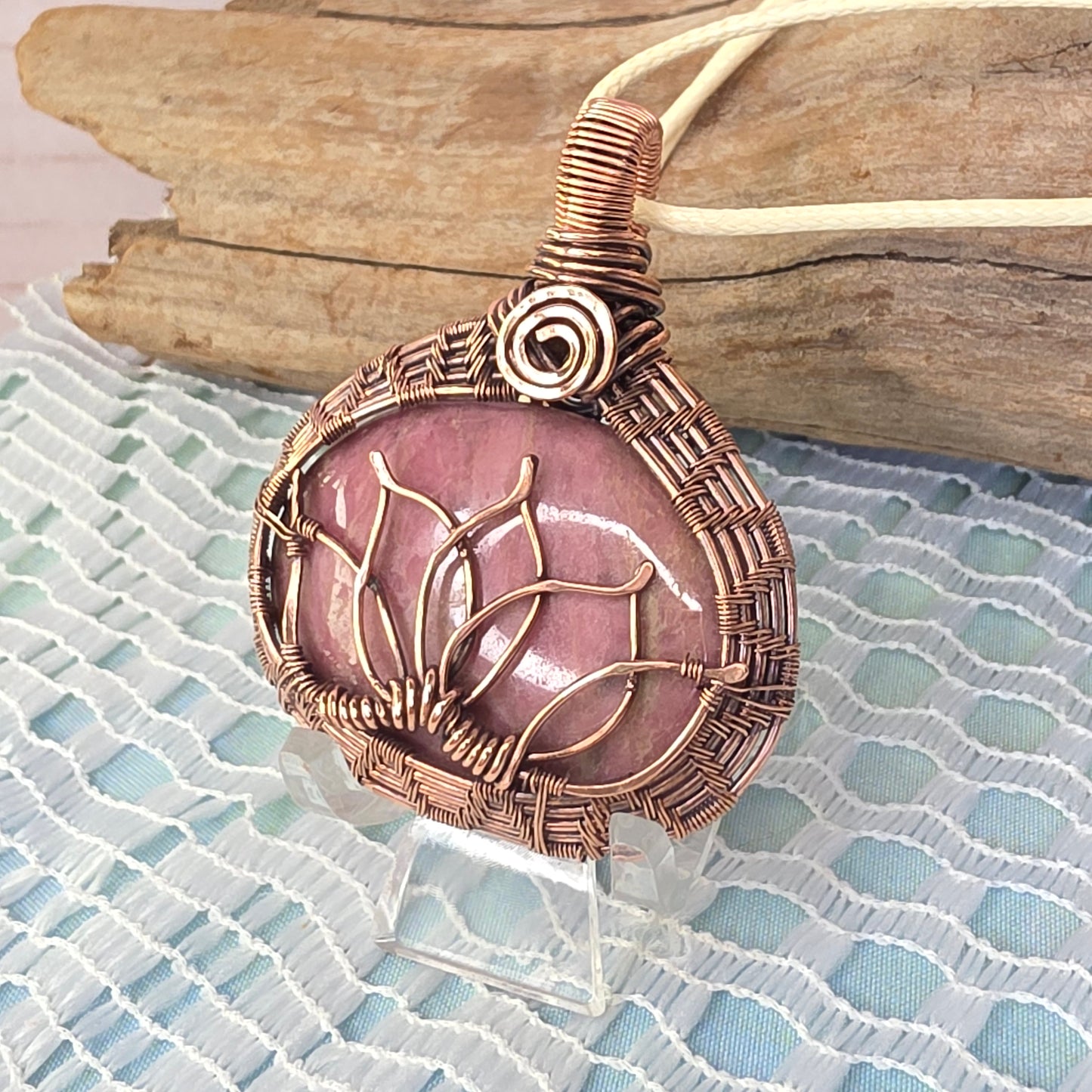 Copper Wire-Wrapped Rhodonite Lotus Pendant 🌸