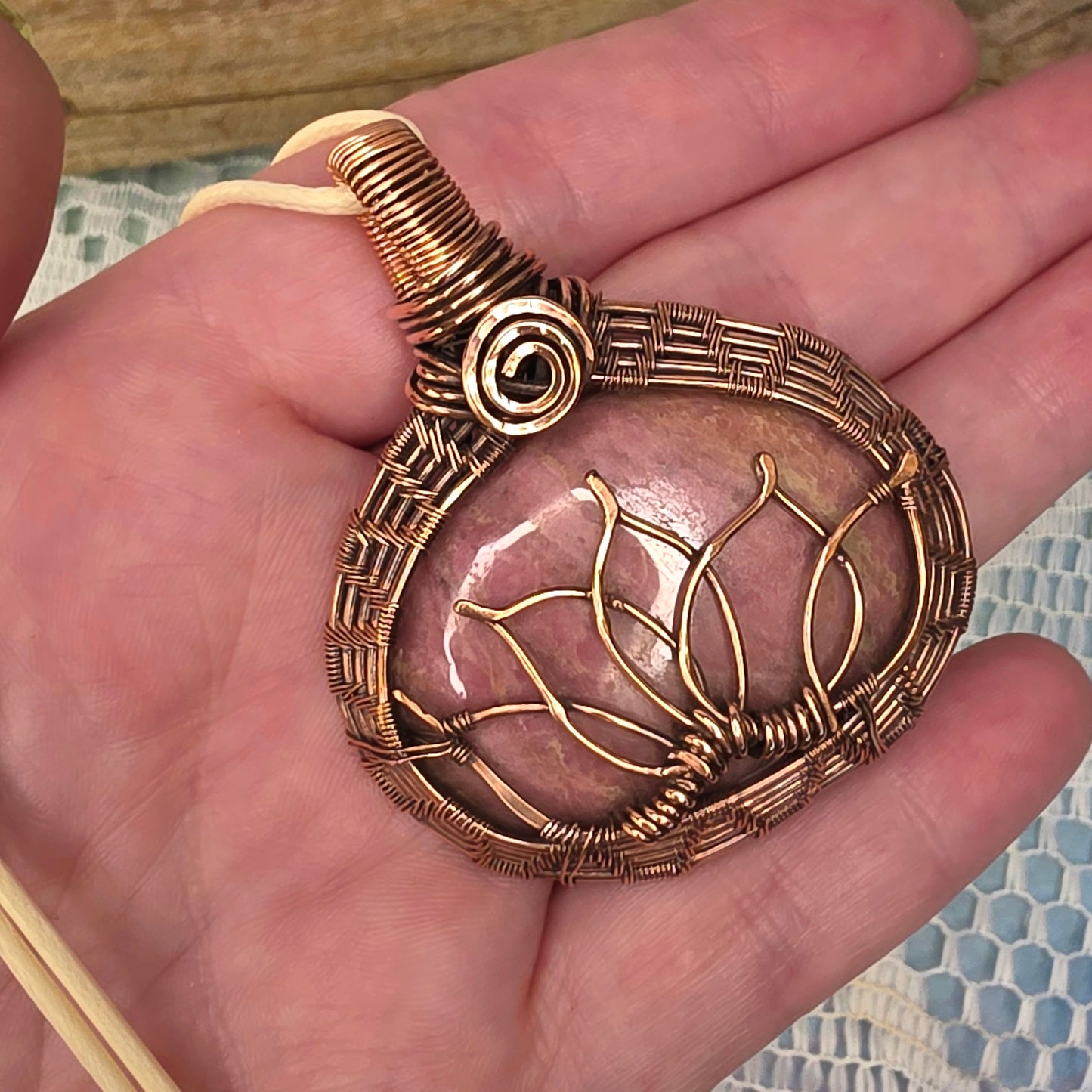 Copper Wire-Wrapped Rhodonite Lotus Pendant 🌸
