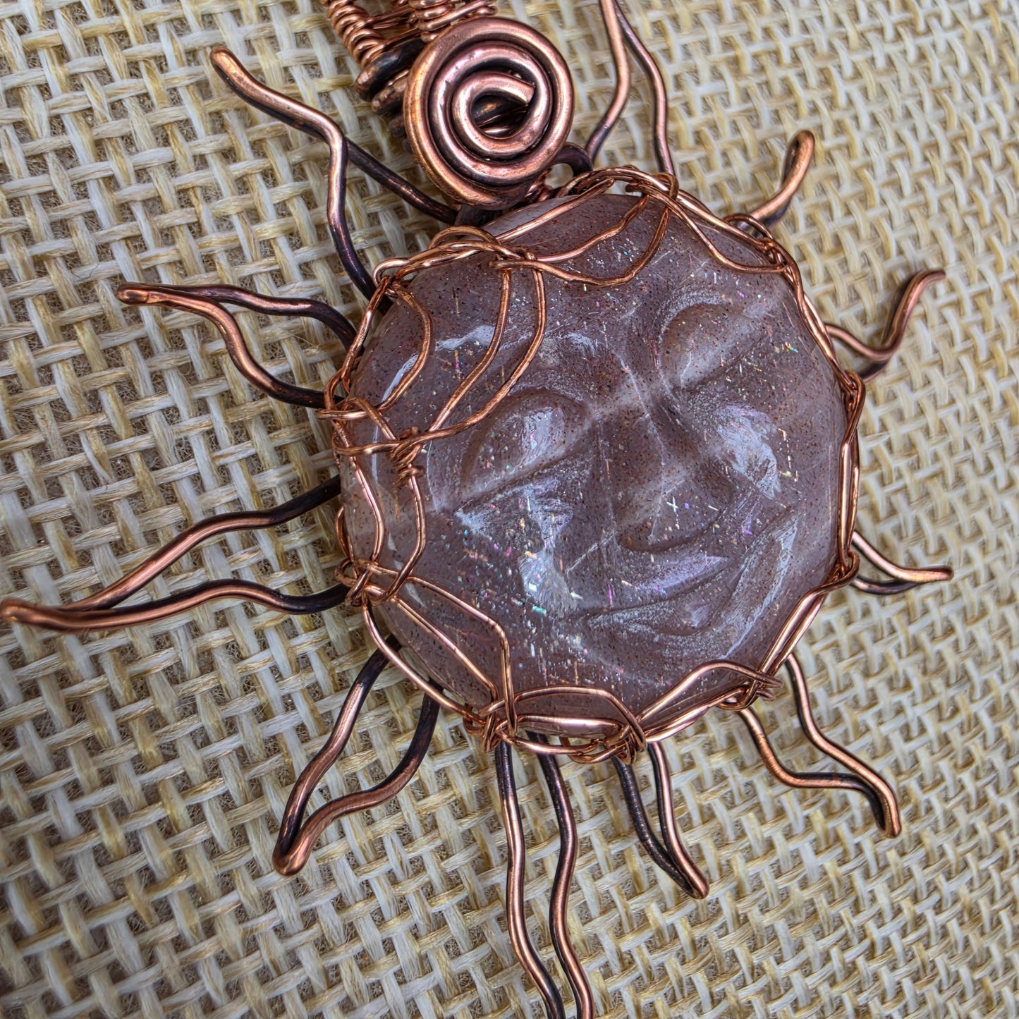 ☀️ Copper-Wrapped Carved Sunstone Pendant ☀️