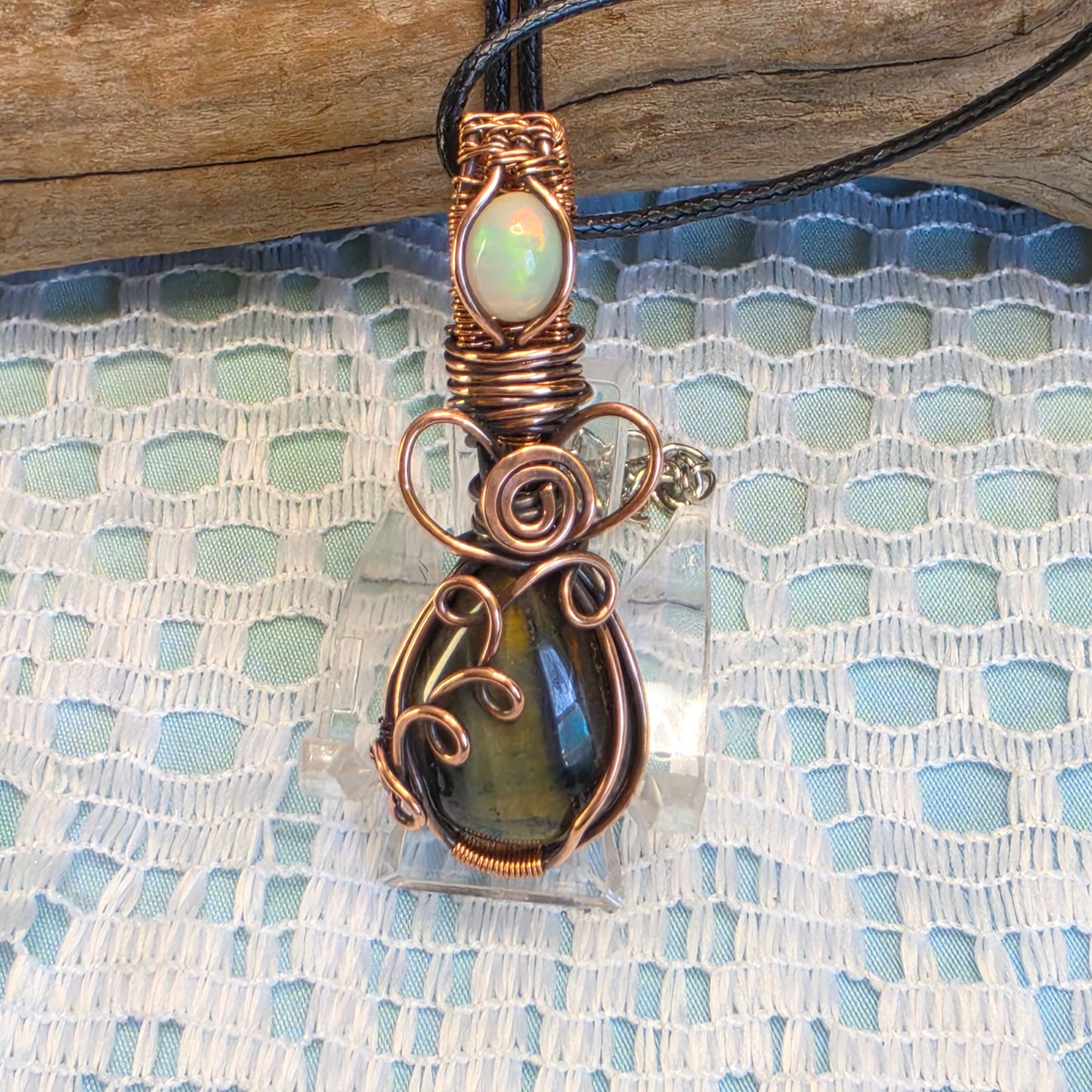 Blue Tiger's Eye & Opal Wire-Wrapped Pendant