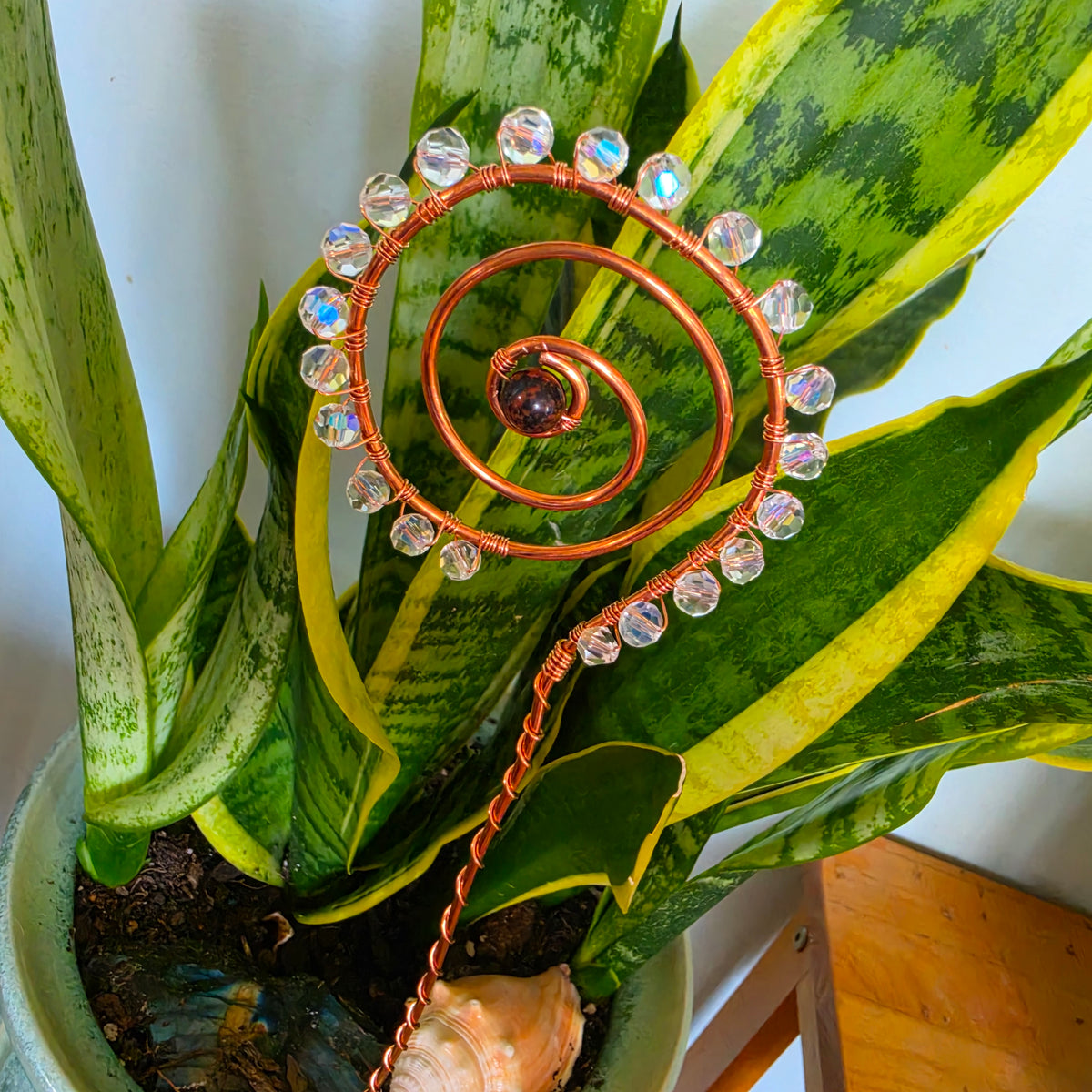 Mahogany Obsidian Copper Spiral Plant Stake