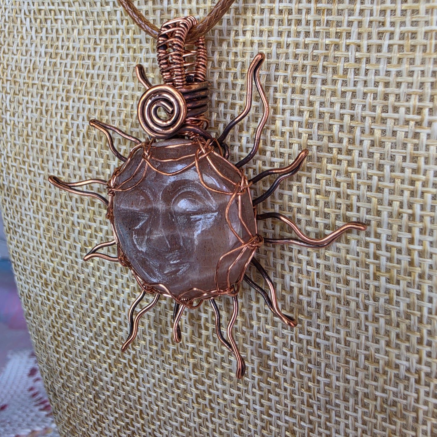 ☀️ Copper-Wrapped Carved Sunstone Pendant ☀️