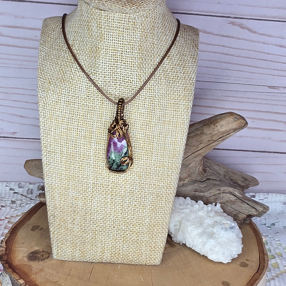 Ruby Zoisite • Vintage Bronze Wire-Wrapped Pendant