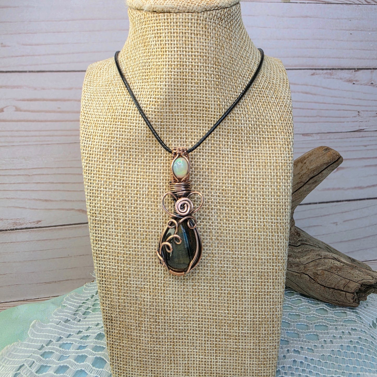 Blue Tiger's Eye & Opal Wire-Wrapped Pendant
