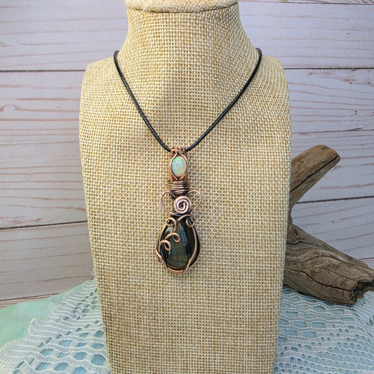 Blue Tiger's Eye & Opal Wire-Wrapped Pendant